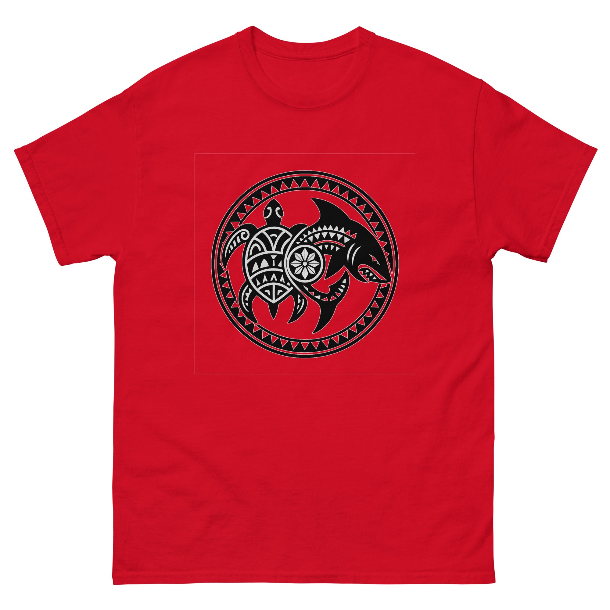 Honu Mano Twin Hawaiian t-shirt design on a Red unisex tee