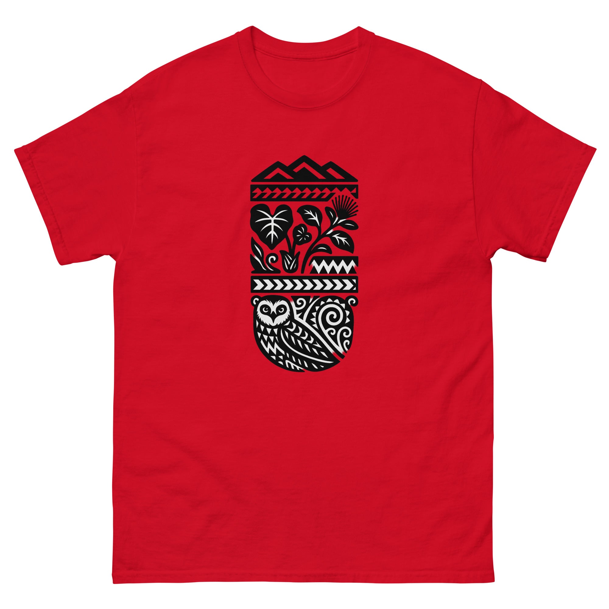 Half Sleeve Land Hawaiian t-shirt design on a Red unisex tee