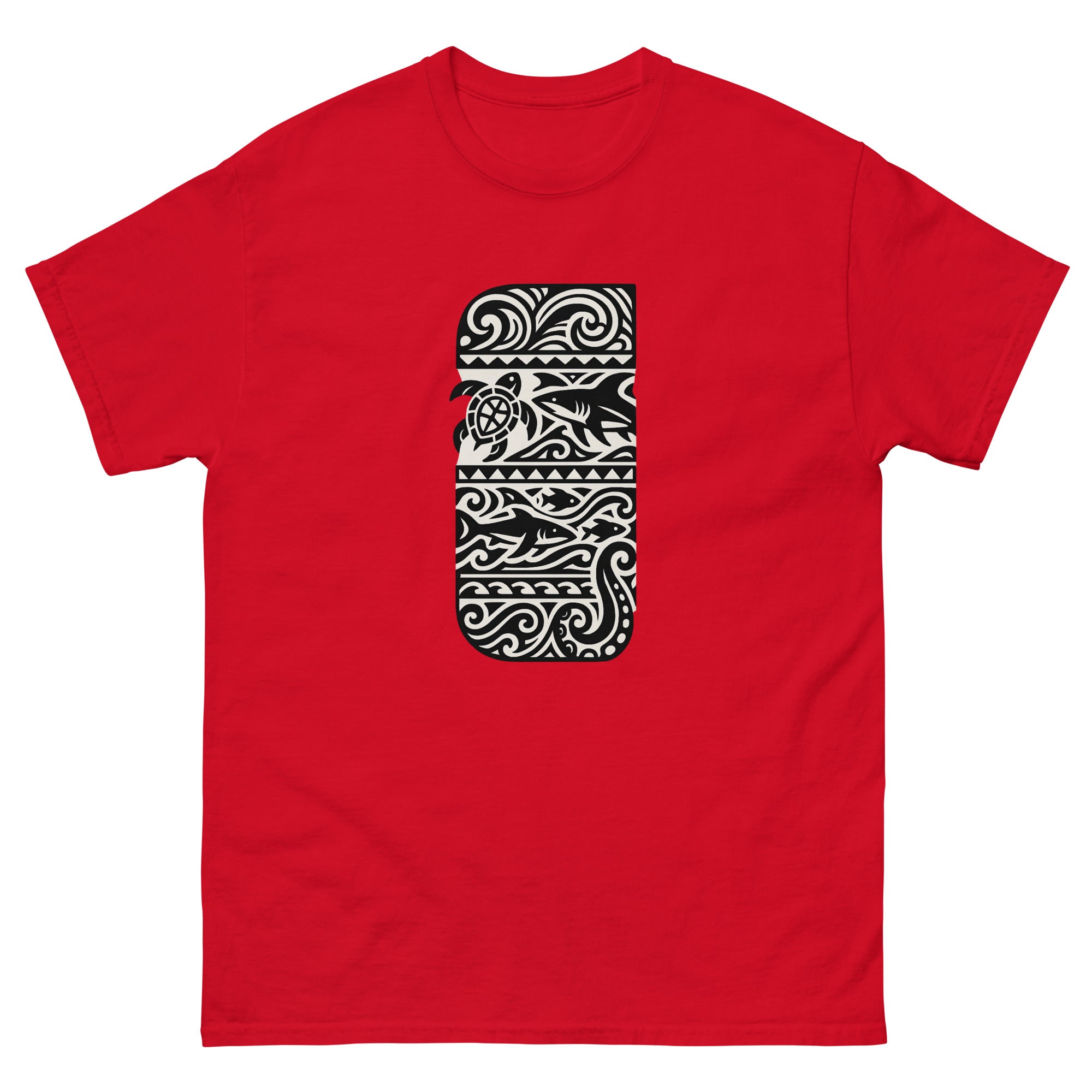 Half Sleeve Ocean Hawaiian t-shirt design on a Red unisex tee
