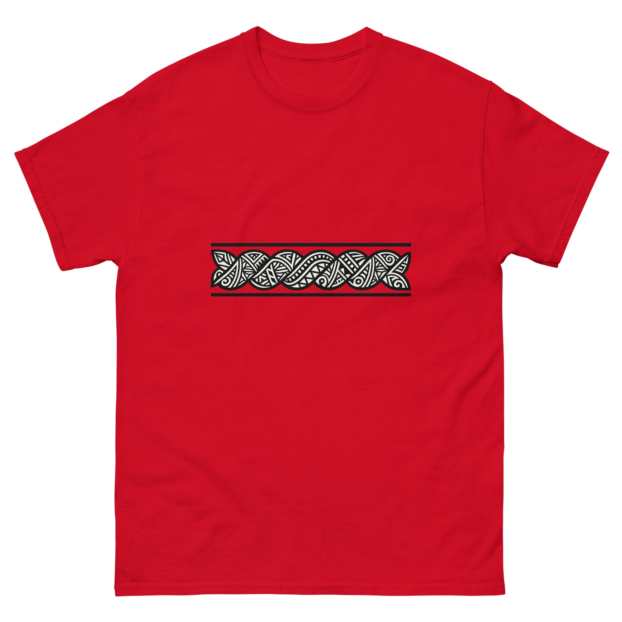 Maile Lei Band Hawaiian t-shirt design on a Red unisex tee