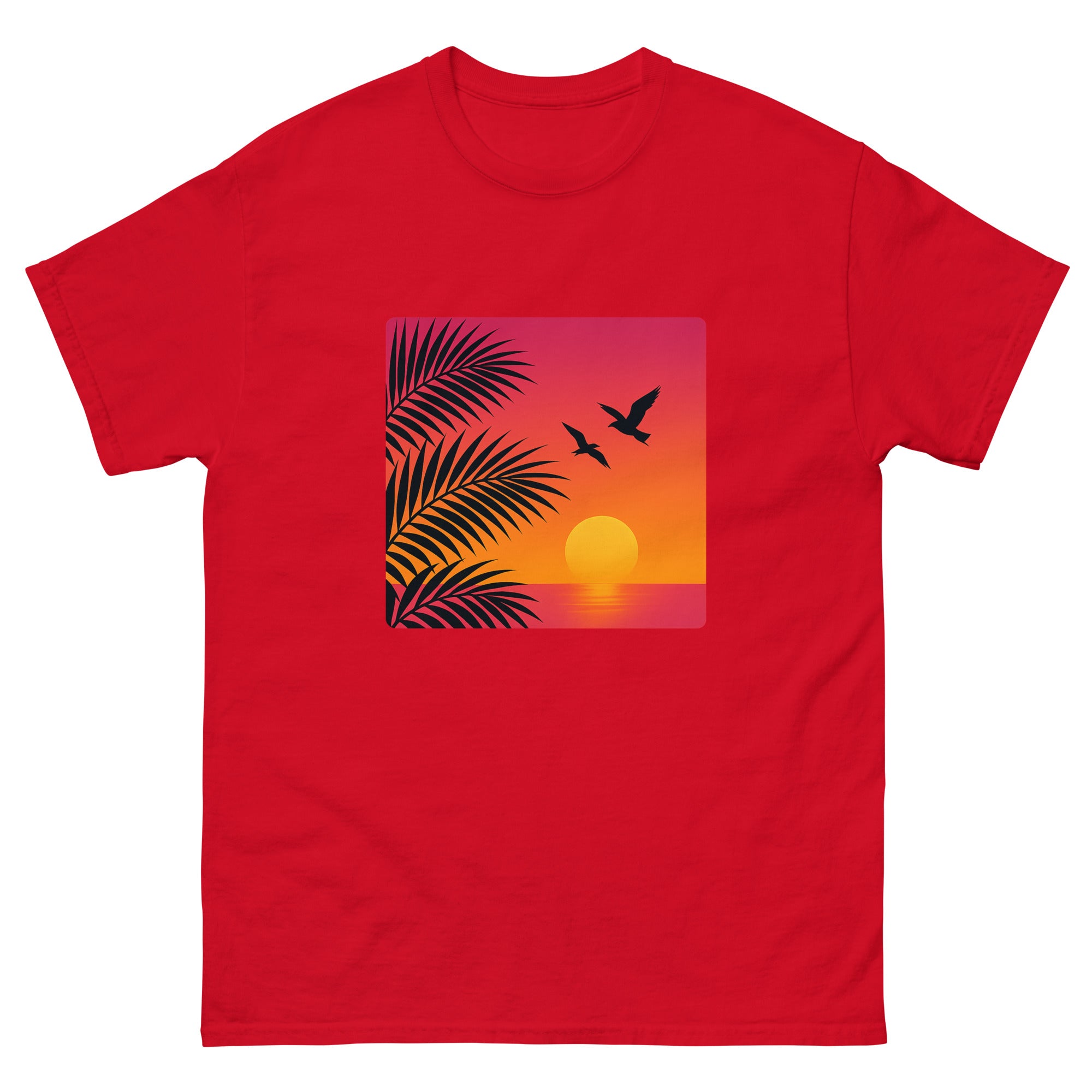 Sunset Palms Silhouette Hawaiian t-shirt design on a Red unisex tee