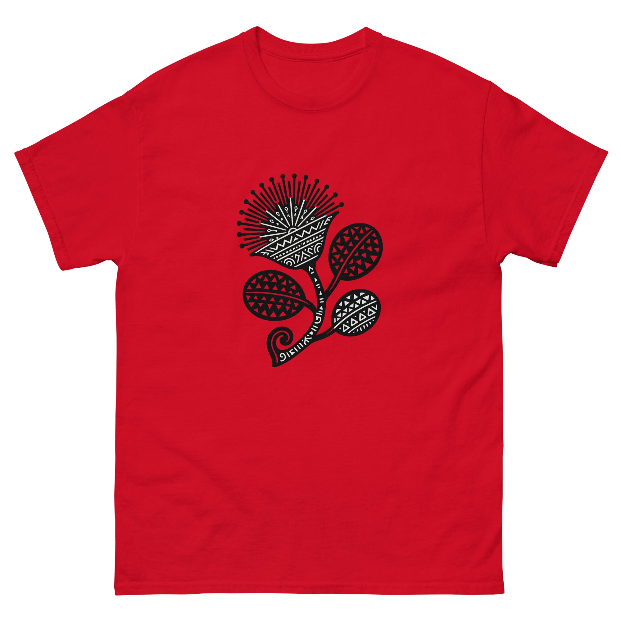 Lehua Kakau Hawaiian t-shirt design on a Red unisex tee