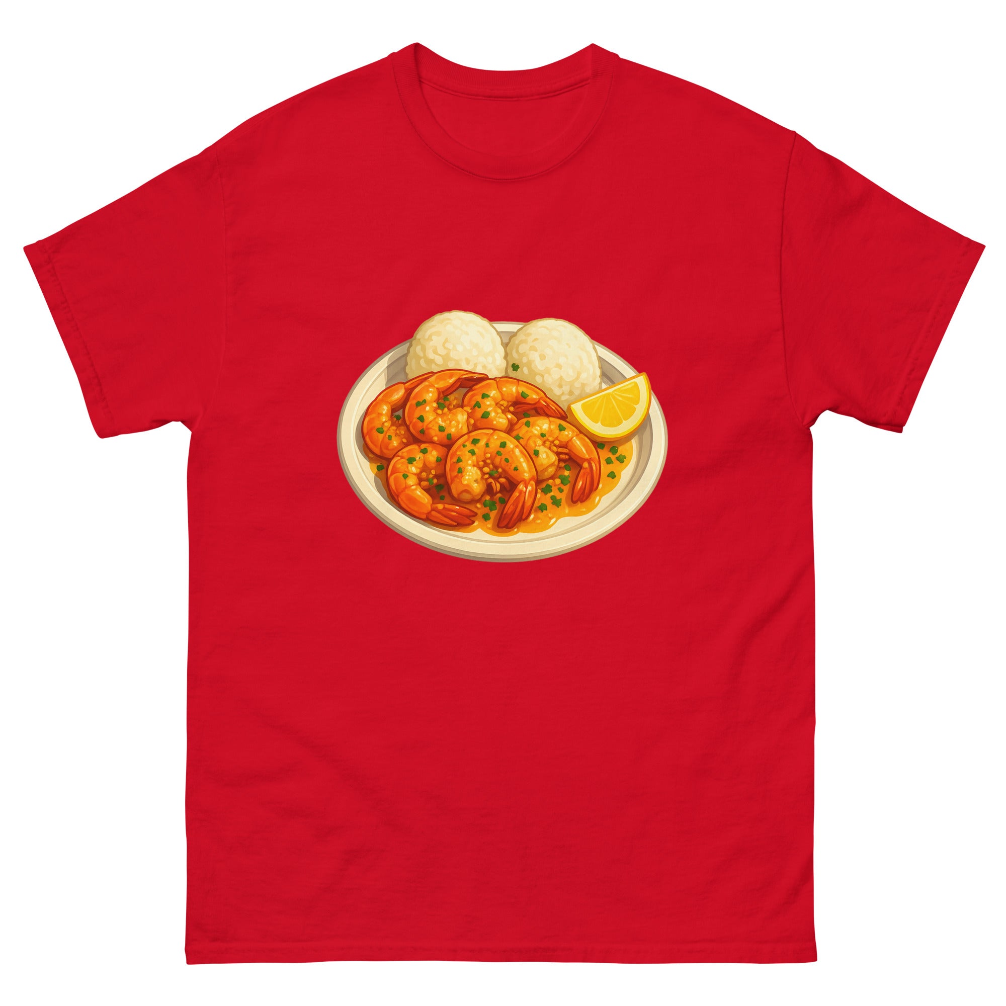 Garlic Shrimp Plate Hawaiian t-shirt design on a Red unisex tee