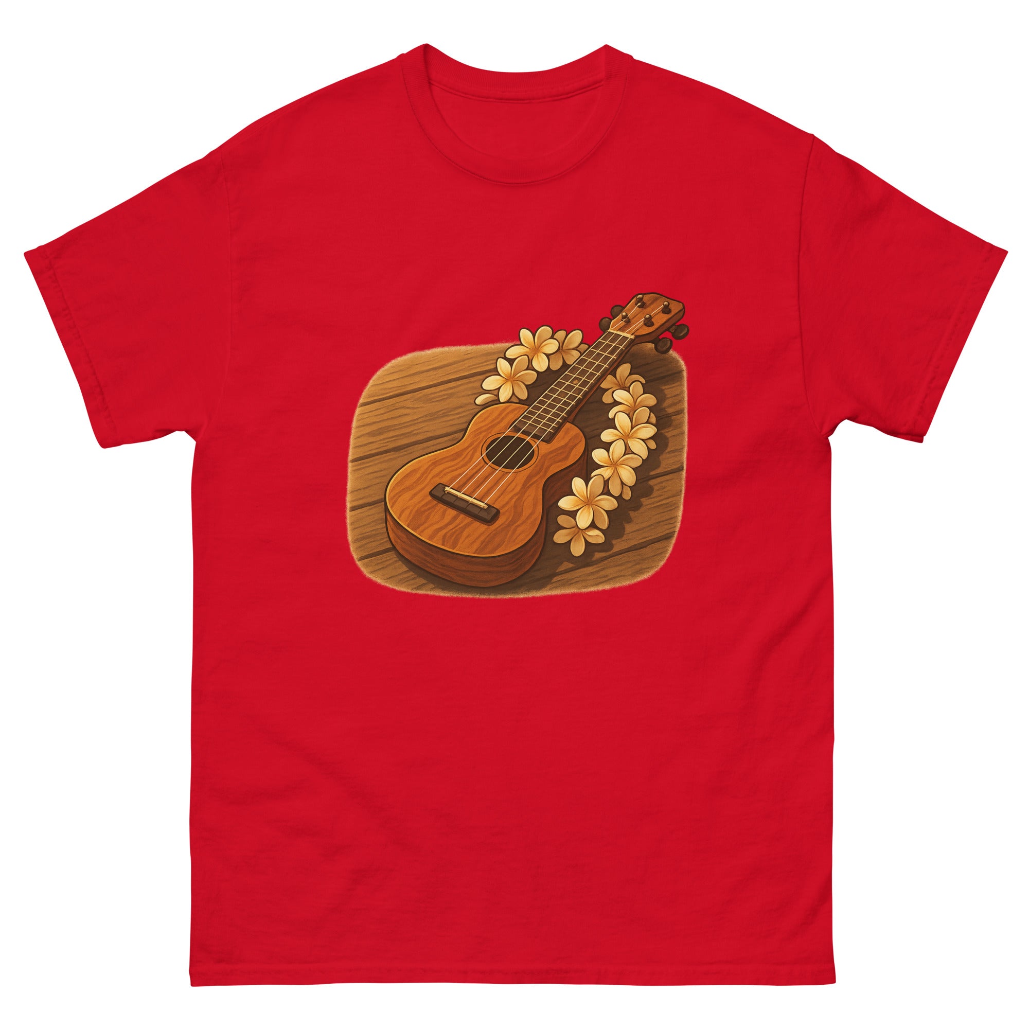 Ukulele And Lei Hawaiian t-shirt design on a Red unisex tee