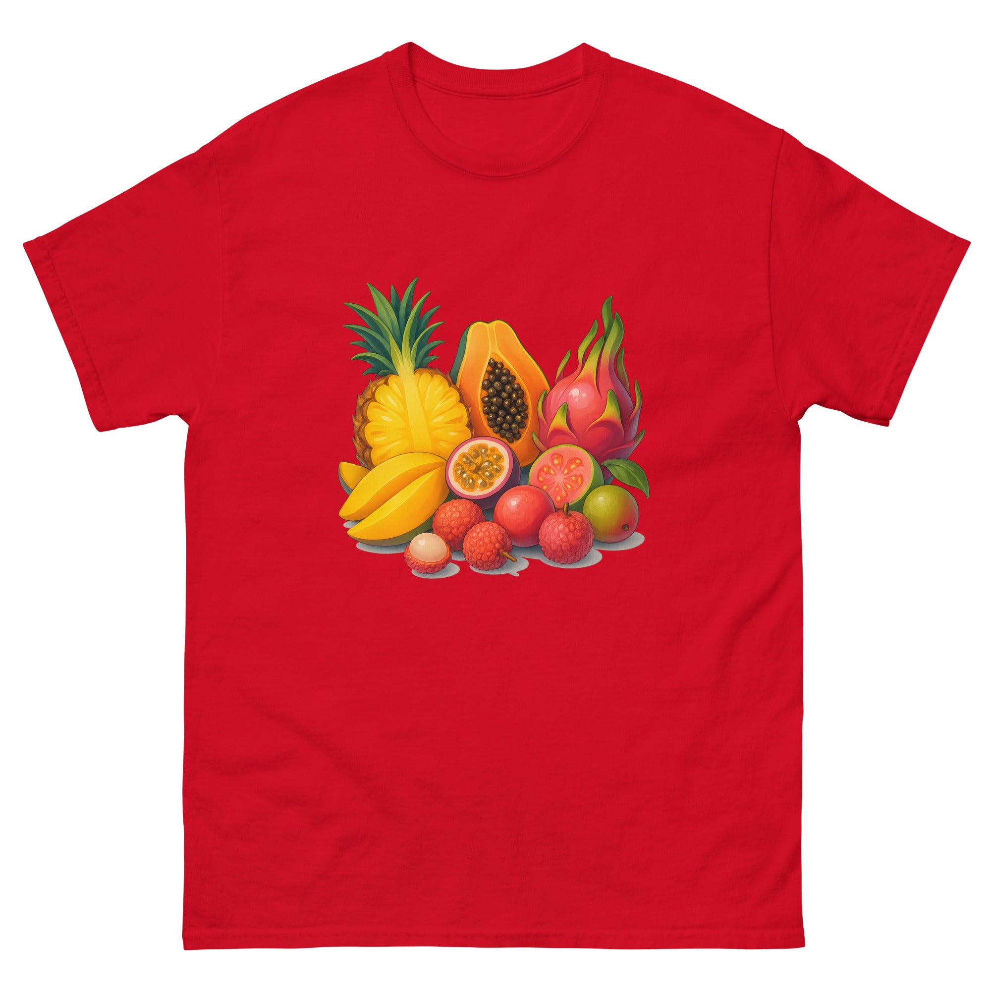 Tropical Fruit Spread Hawaiian t-shirt design on a Red unisex tee