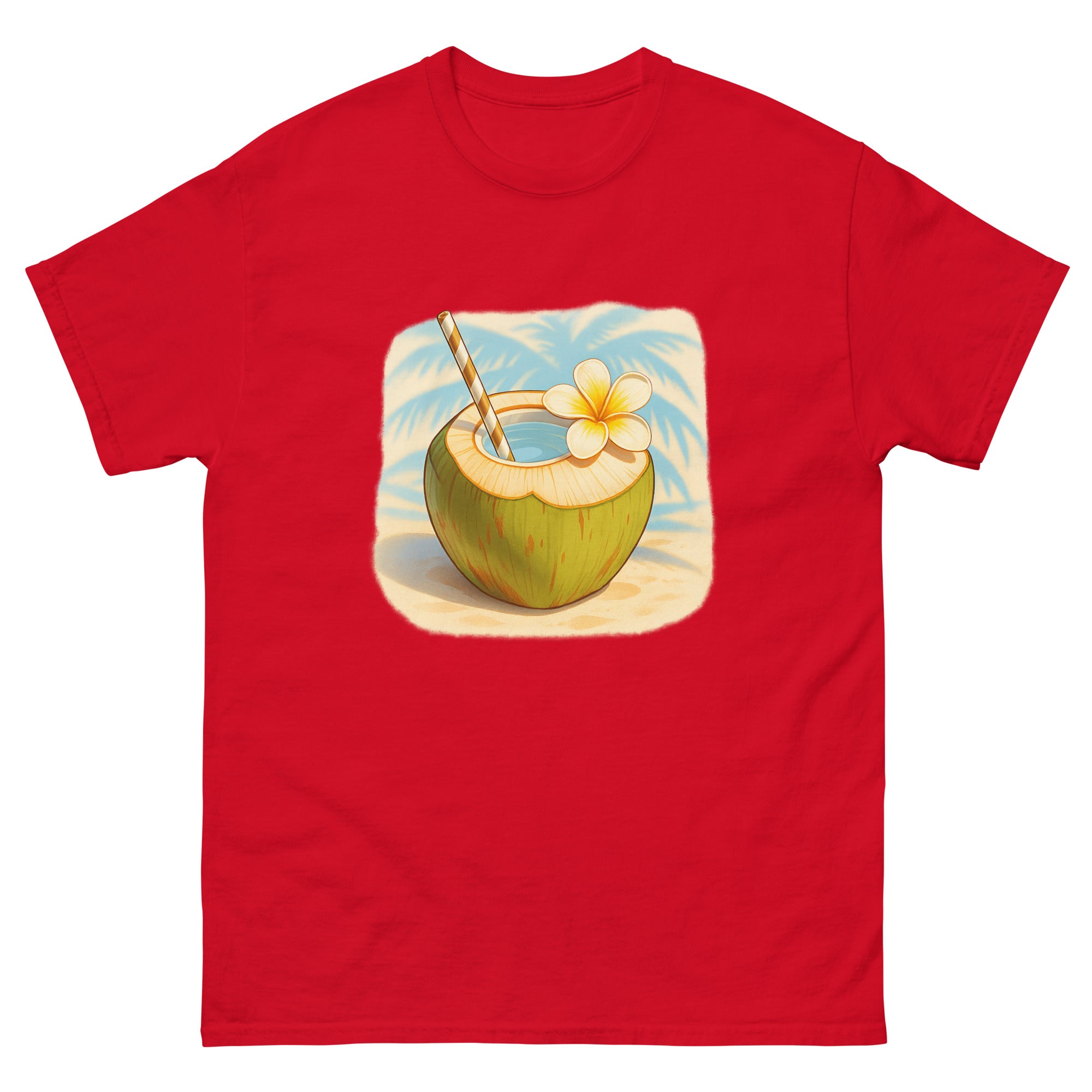 Coconut Drink Hawaiian t-shirt design on a Red unisex tee