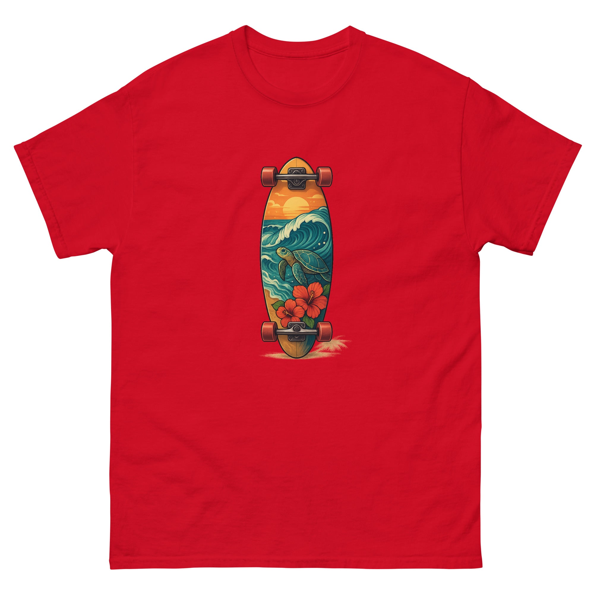 Surfboard Art Hawaiian t-shirt design on a Red unisex tee