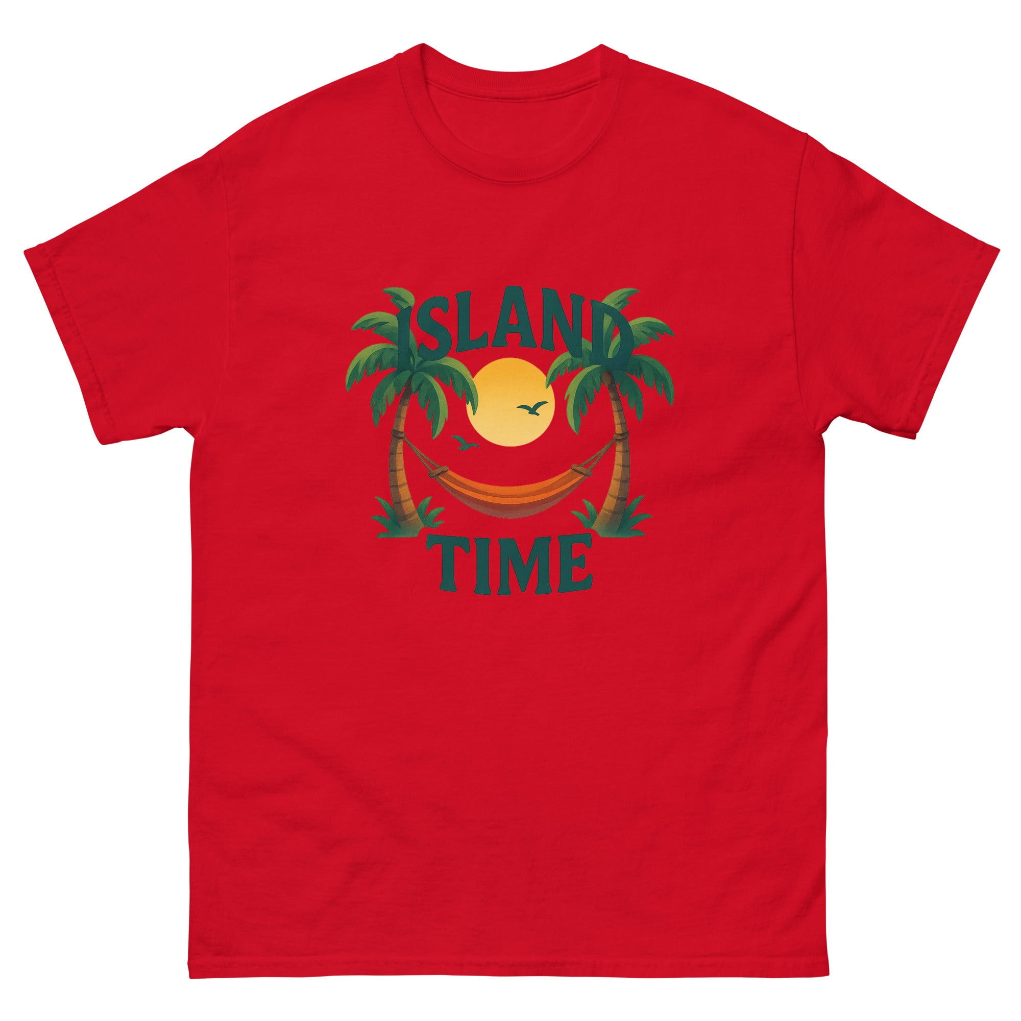 Island Time Type Hawaiian t-shirt design on a Red unisex tee