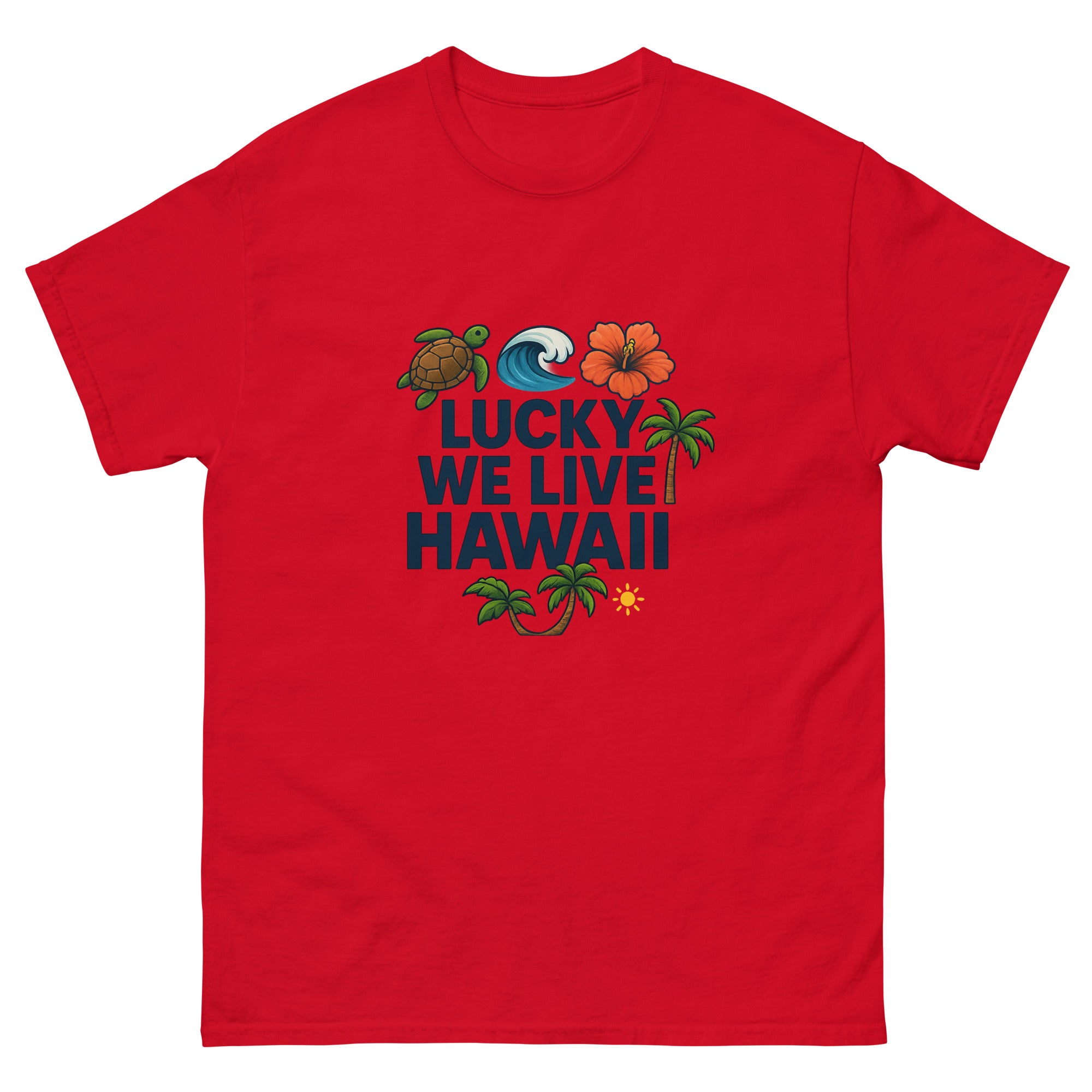Lucky We Live Hawaii Type Hawaiian t-shirt design on a Red unisex tee