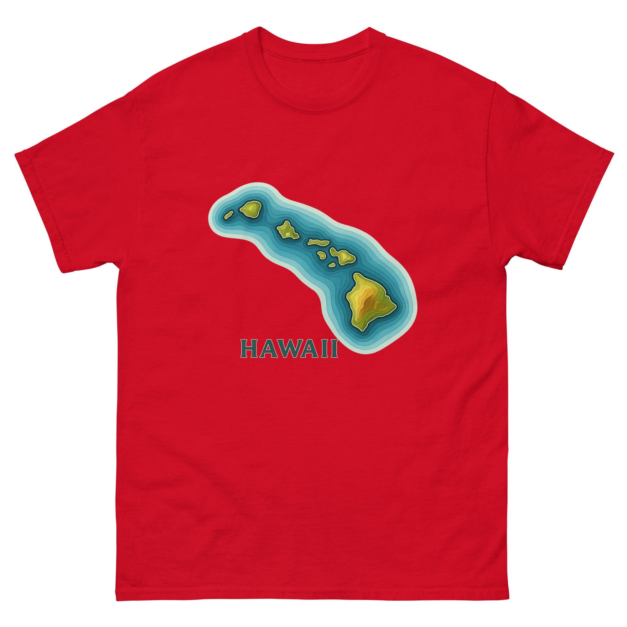 Hawaii Topographic Hawaiian t-shirt design on a Red unisex tee