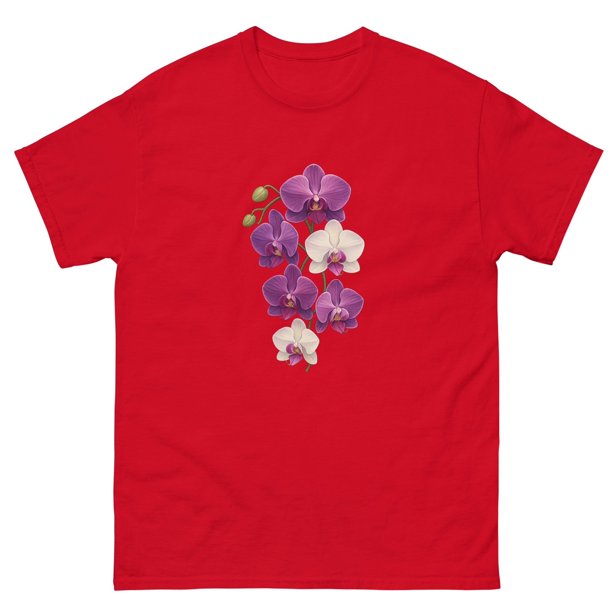 Orchid Cascade Hawaiian t-shirt design on a Red unisex tee
