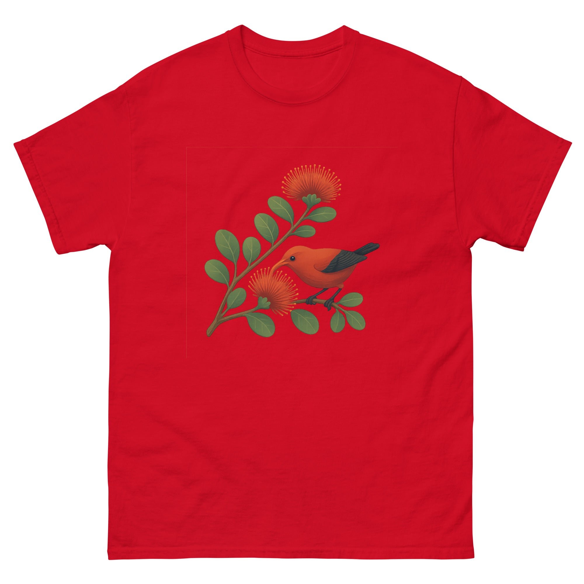 Ohia Lehua And Iiwi Hawaiian t-shirt design on a Red unisex tee