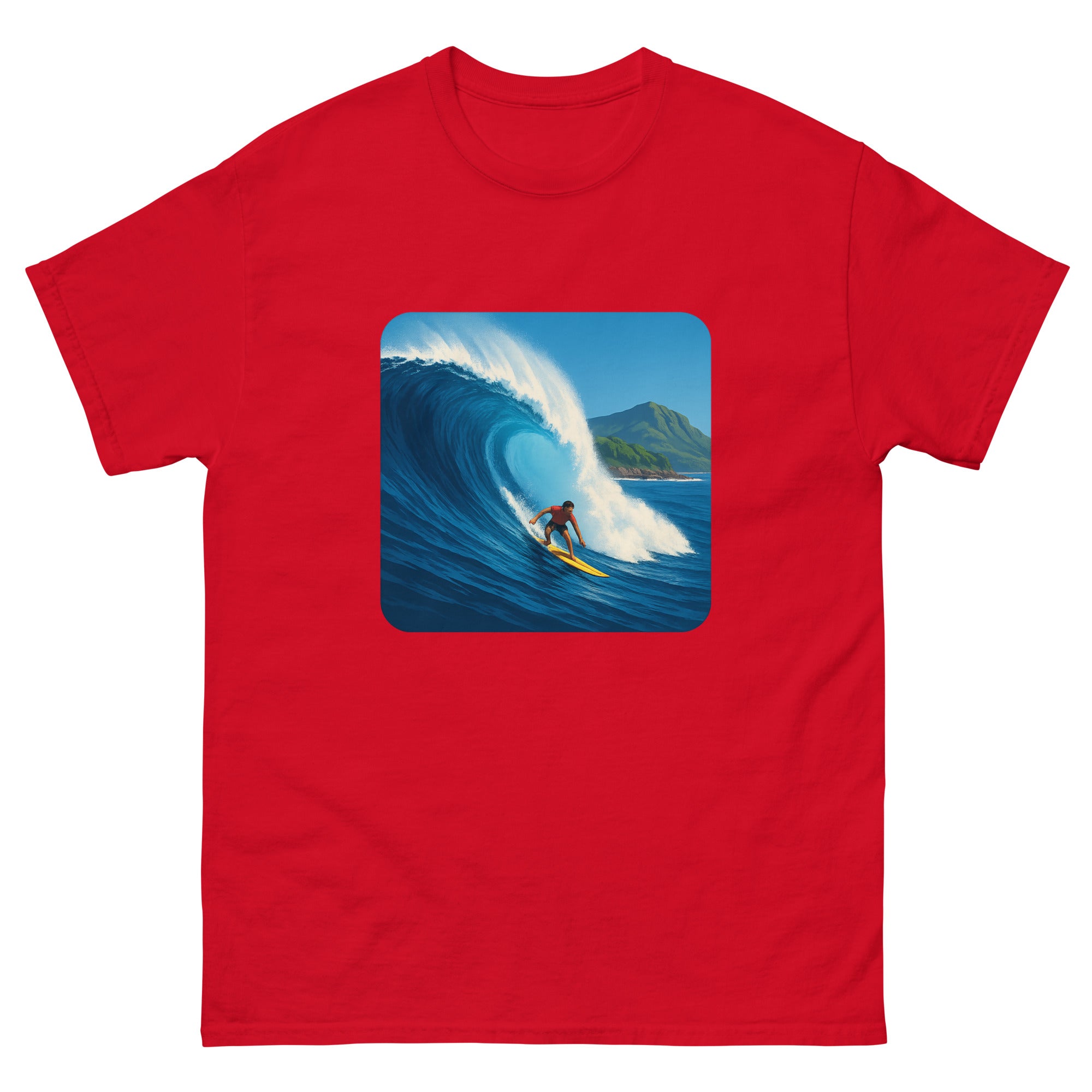 Waimea Bay Drop Hawaiian t-shirt design on a Red unisex tee