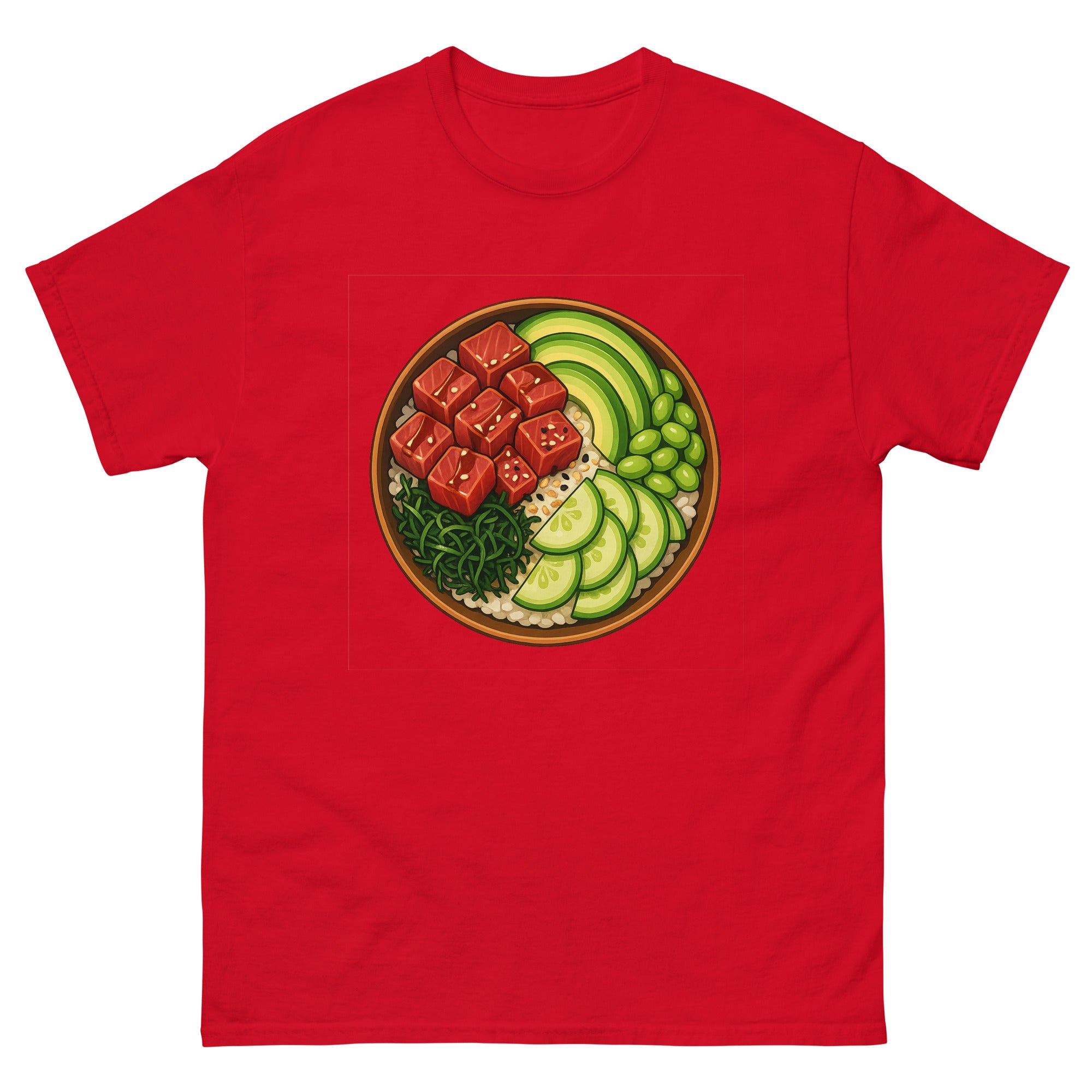 Poke Bowl Hawaiian t-shirt design on a Red unisex tee