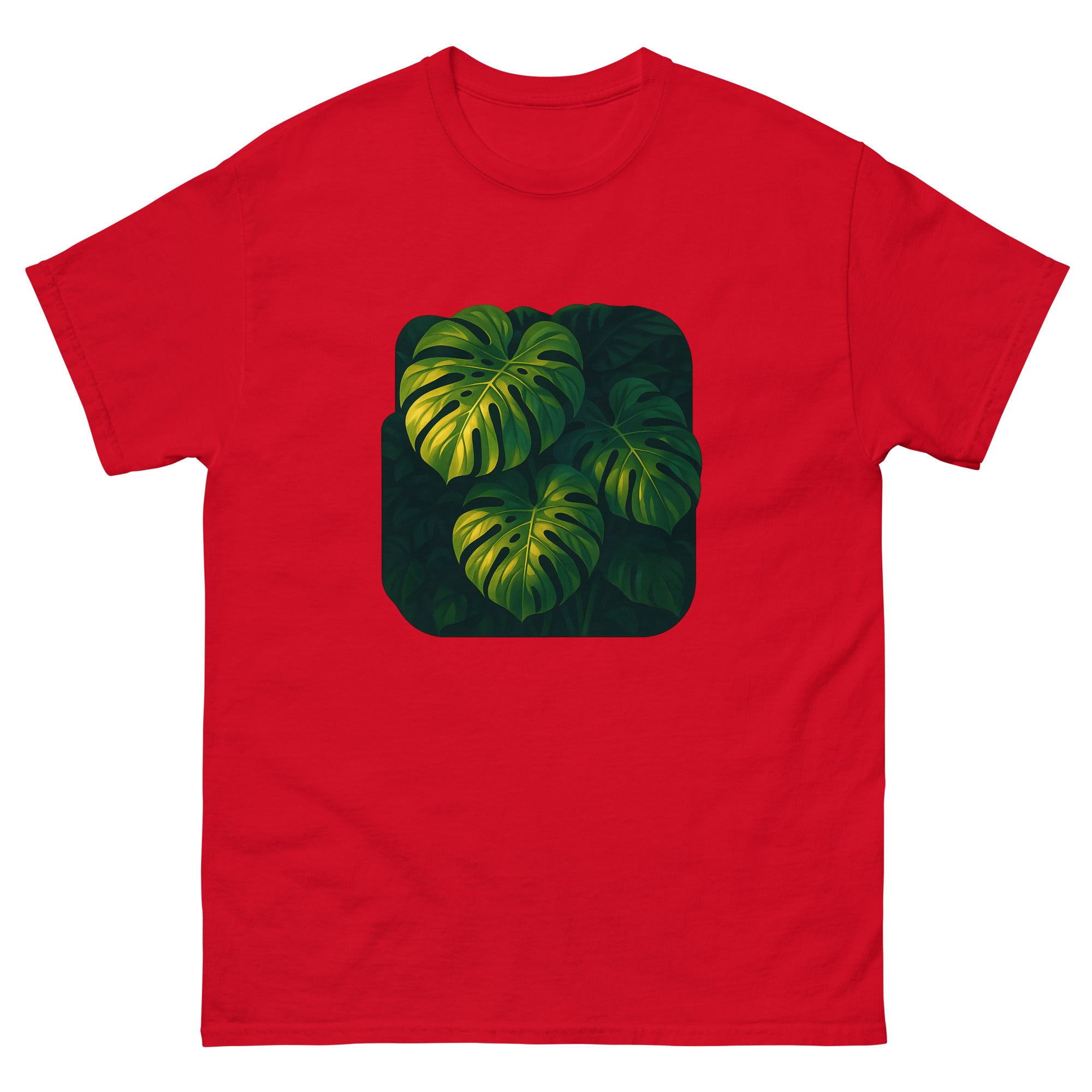 Monstera And Light Hawaiian t-shirt design on a Red unisex tee
