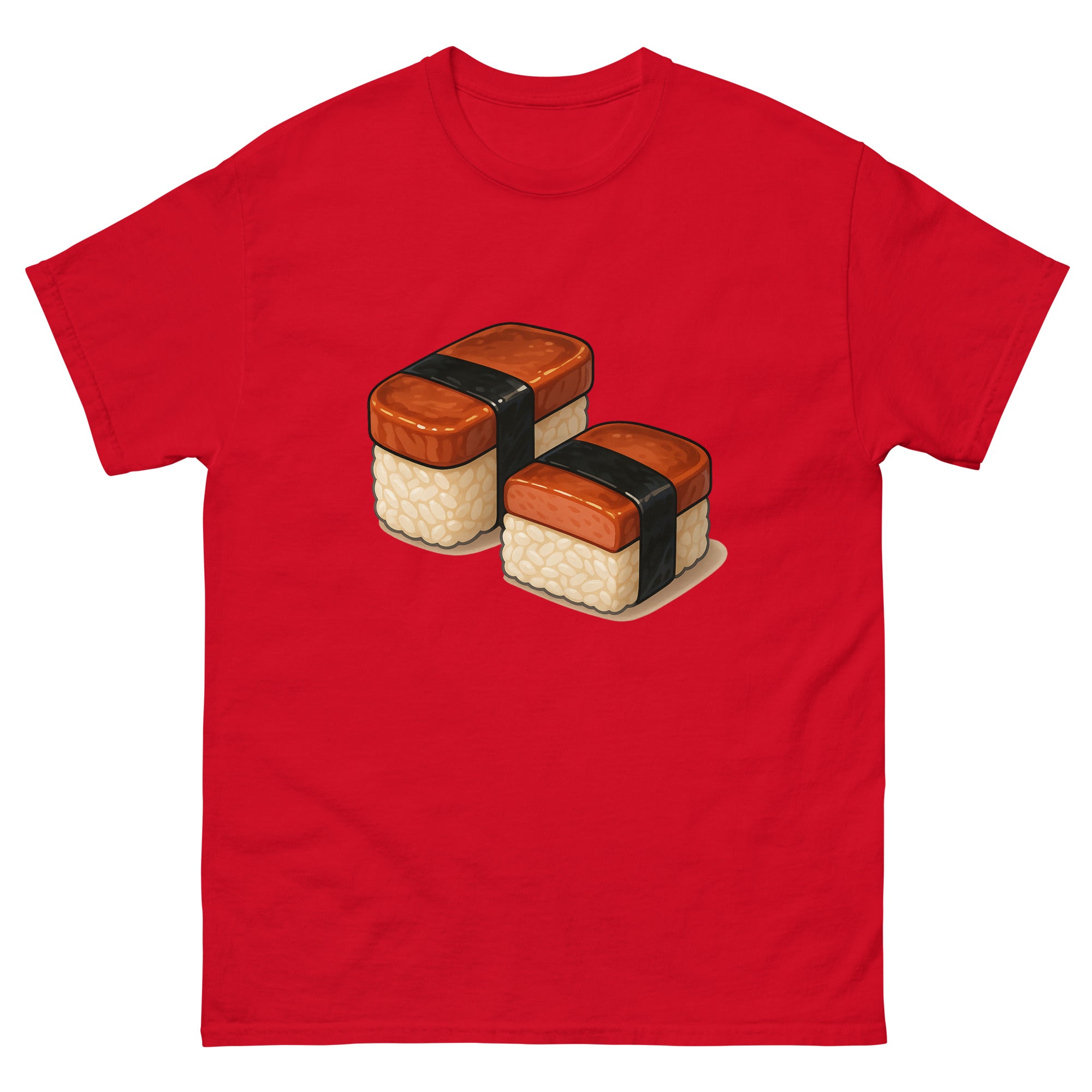 Spam Musubi Hawaiian t-shirt design on a Red unisex tee