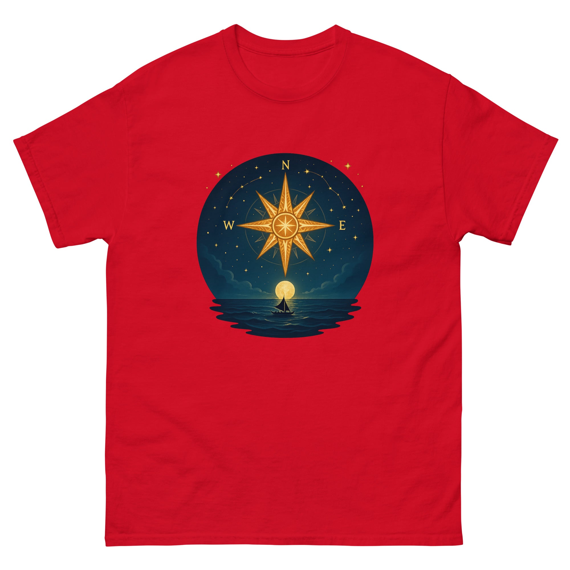 Wayfinding Stars Hawaiian t-shirt design on a Red unisex tee