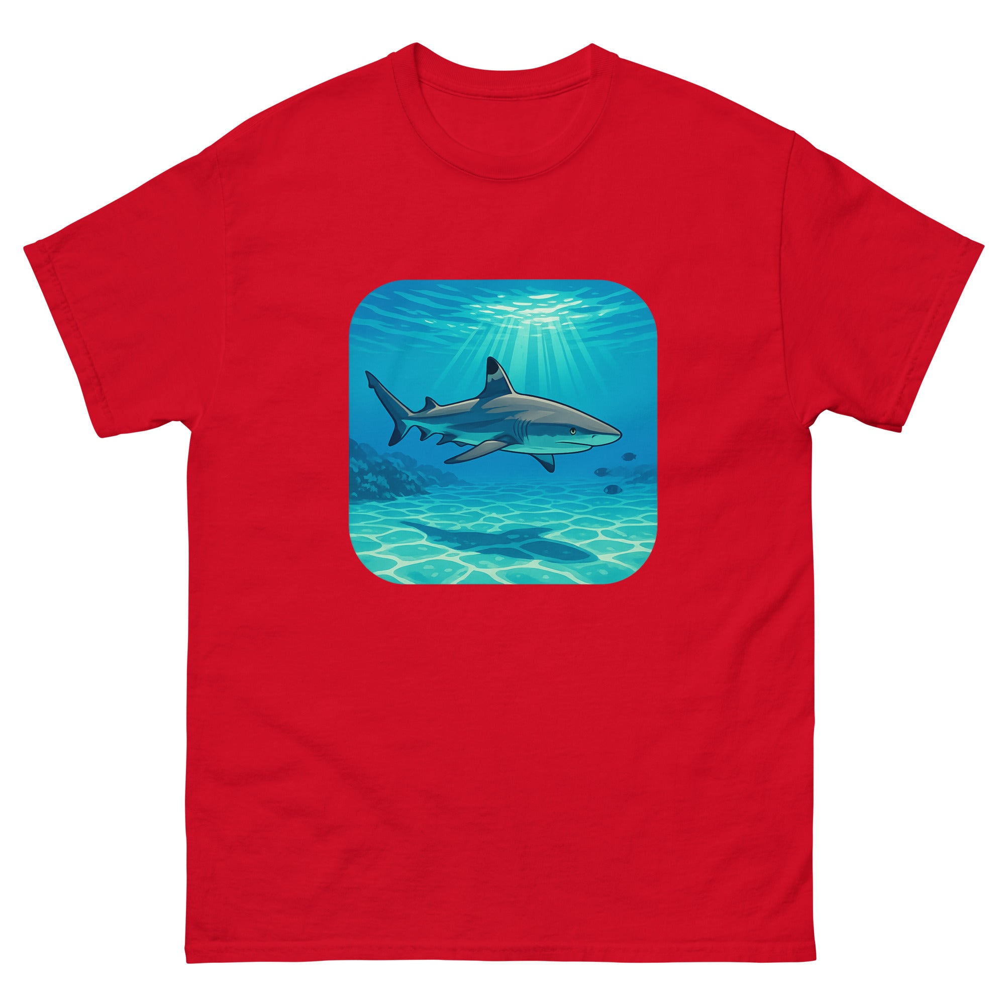 Reef Shark Cruise Hawaiian t-shirt design on a Red unisex tee