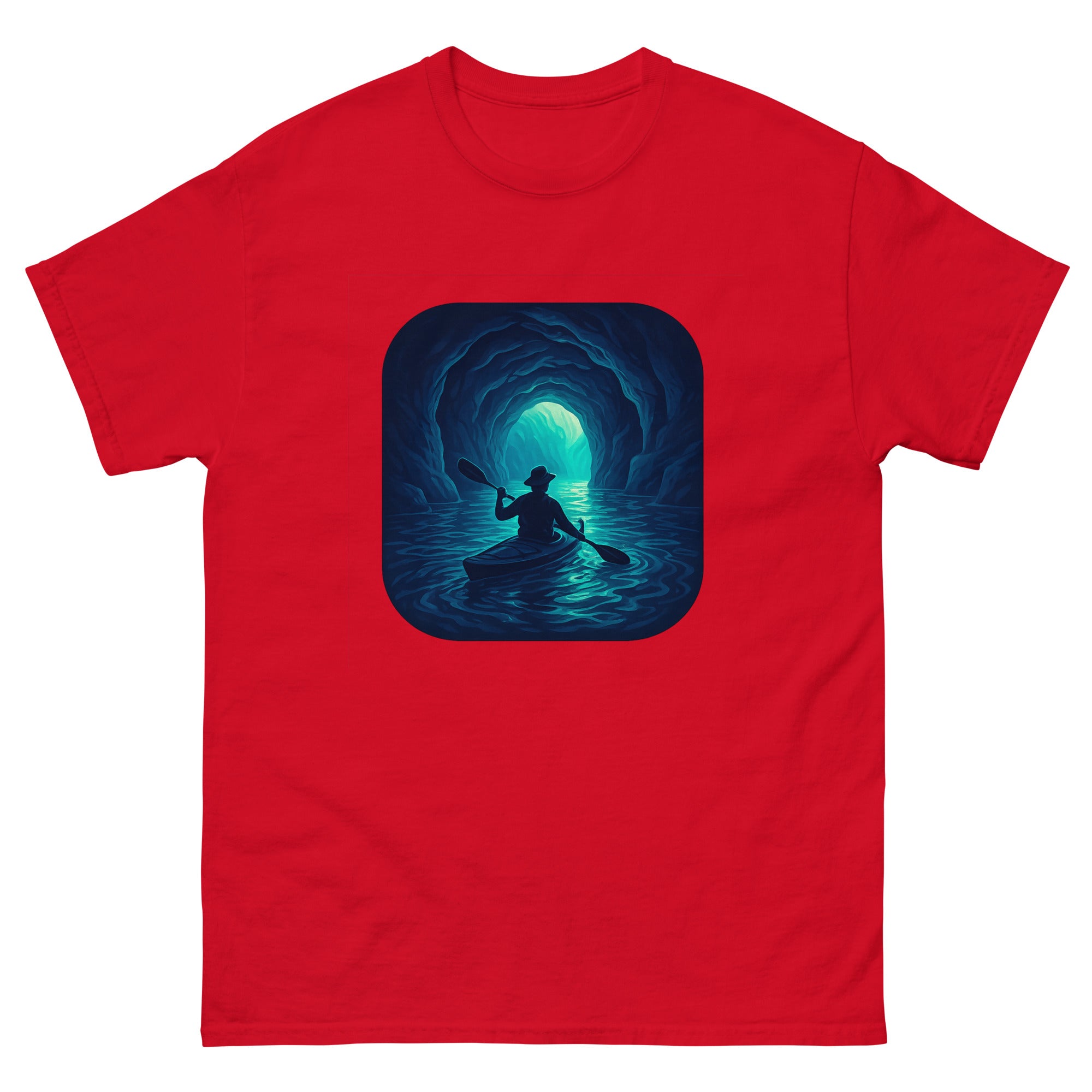Sea Cave Kayak Hawaiian t-shirt design on a Red unisex tee
