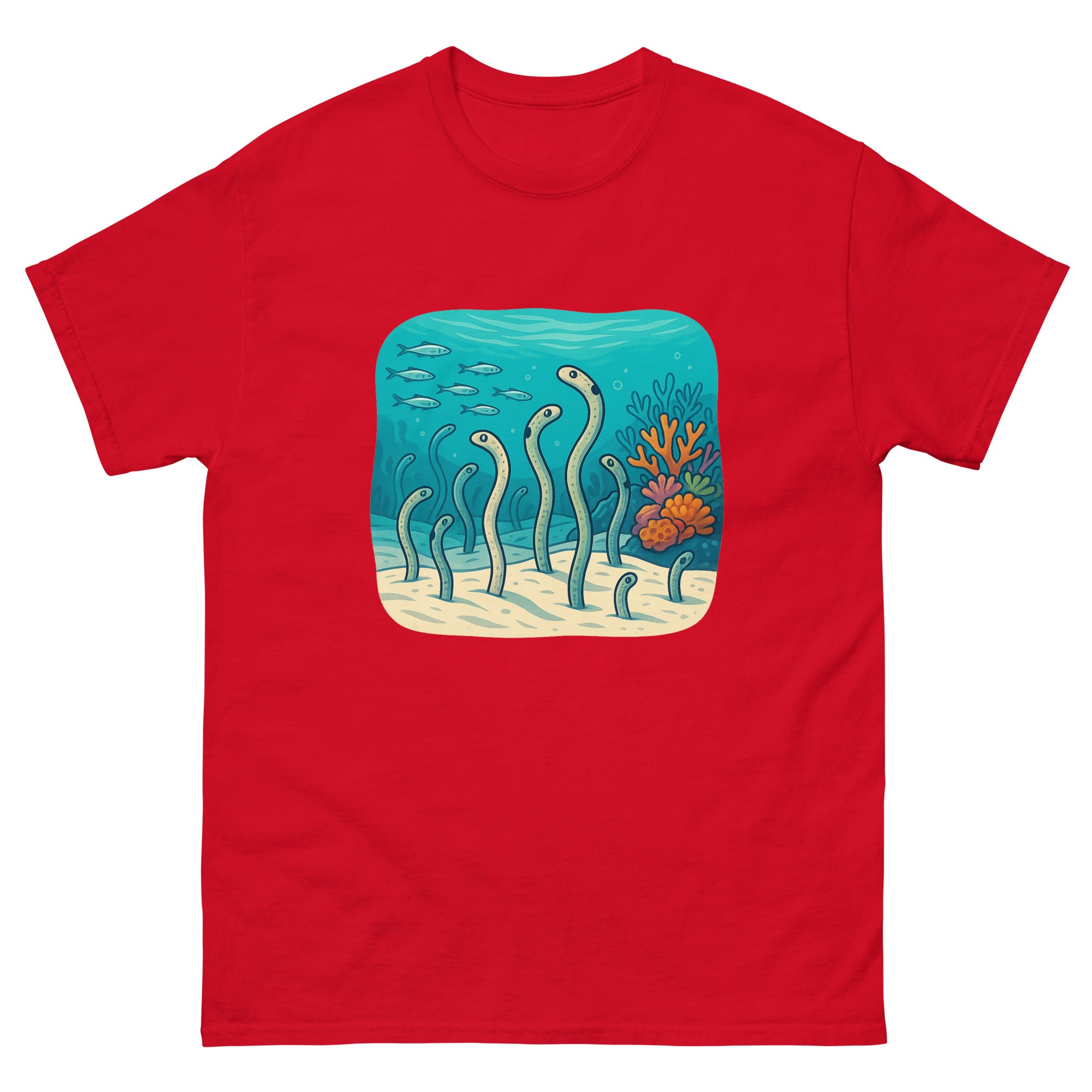 Garden Eels Reef Hawaiian t-shirt design on a Red unisex tee