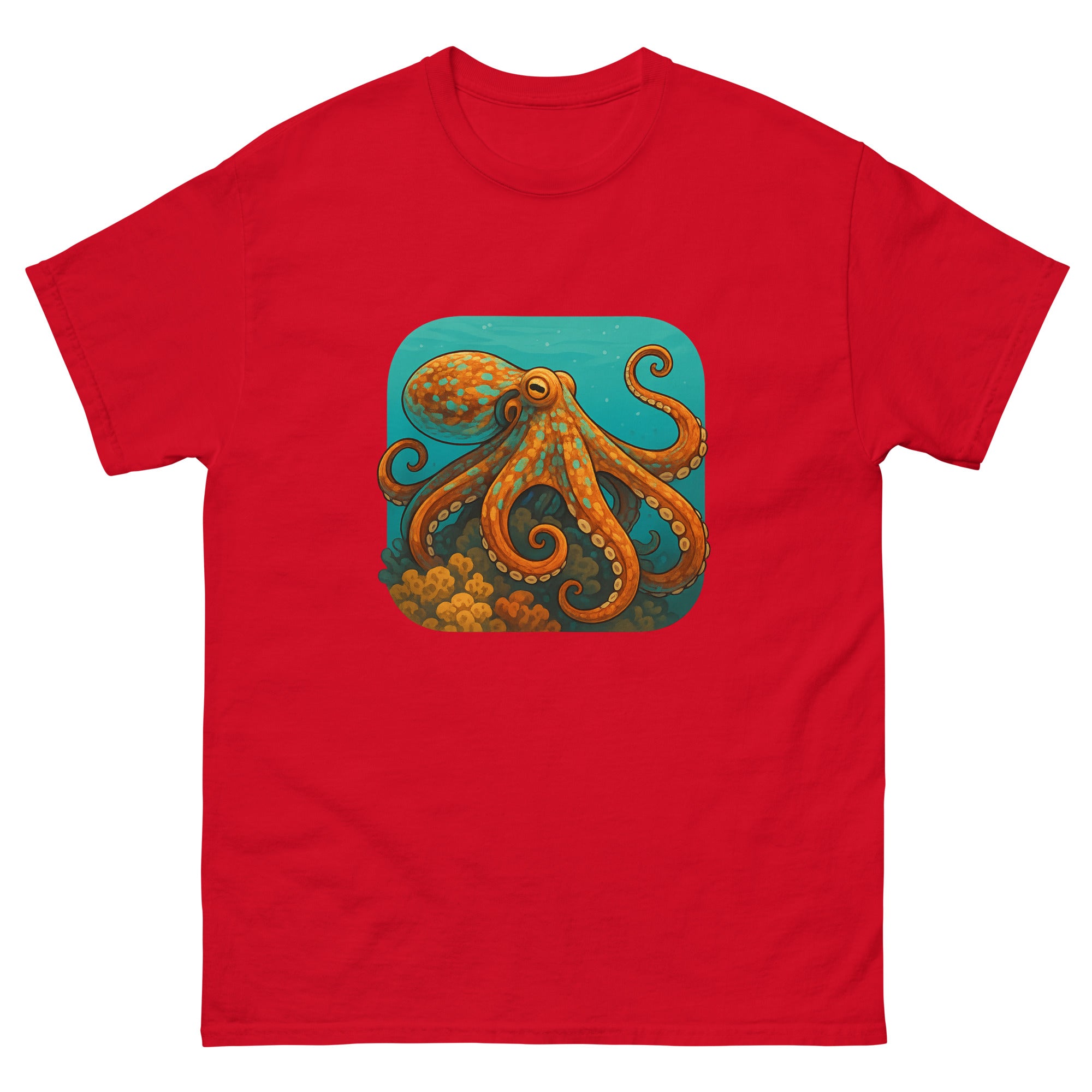 Octopus On The Reef Hawaiian t-shirt design on a Red unisex tee