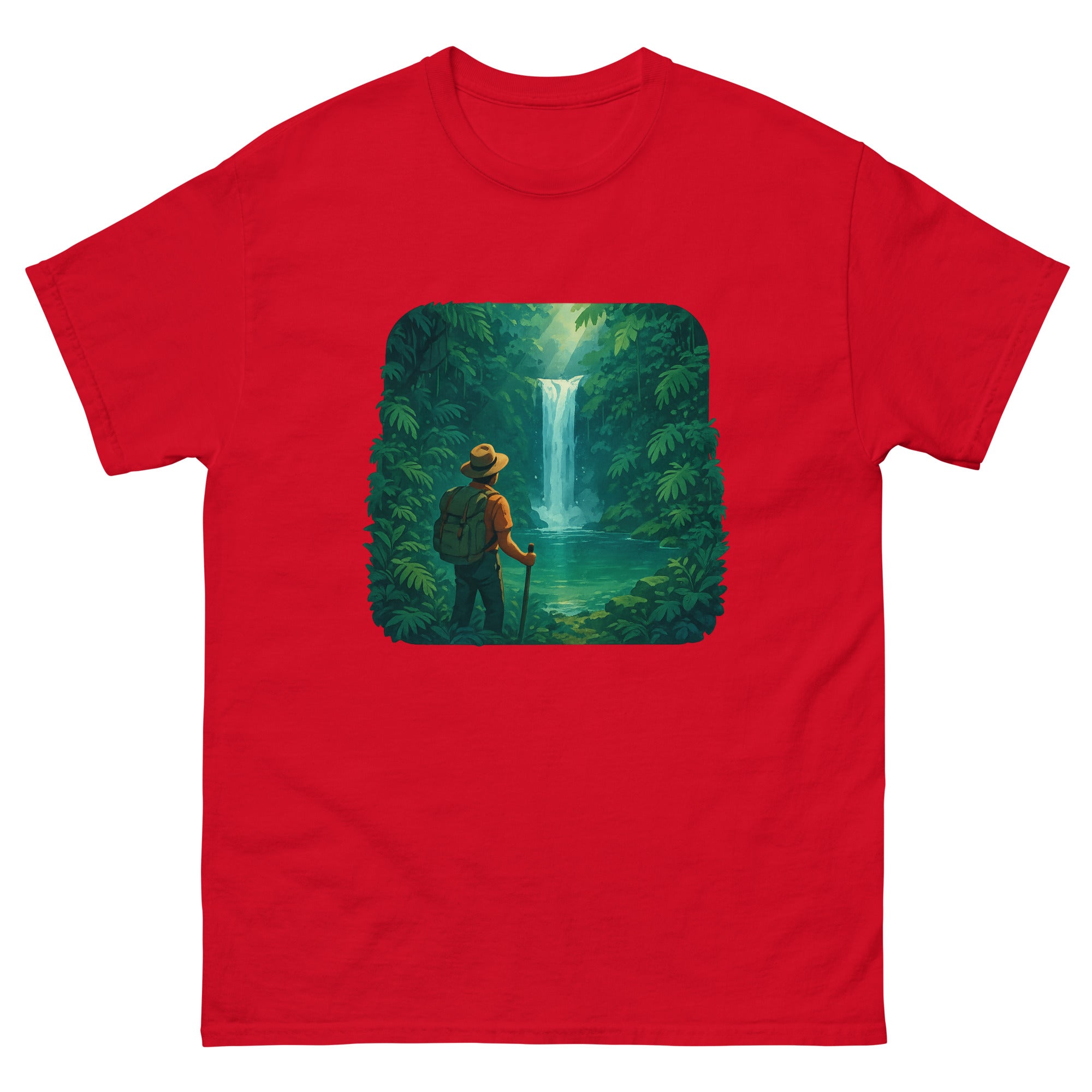 Waterfall Hike Hawaiian t-shirt design on a Red unisex tee