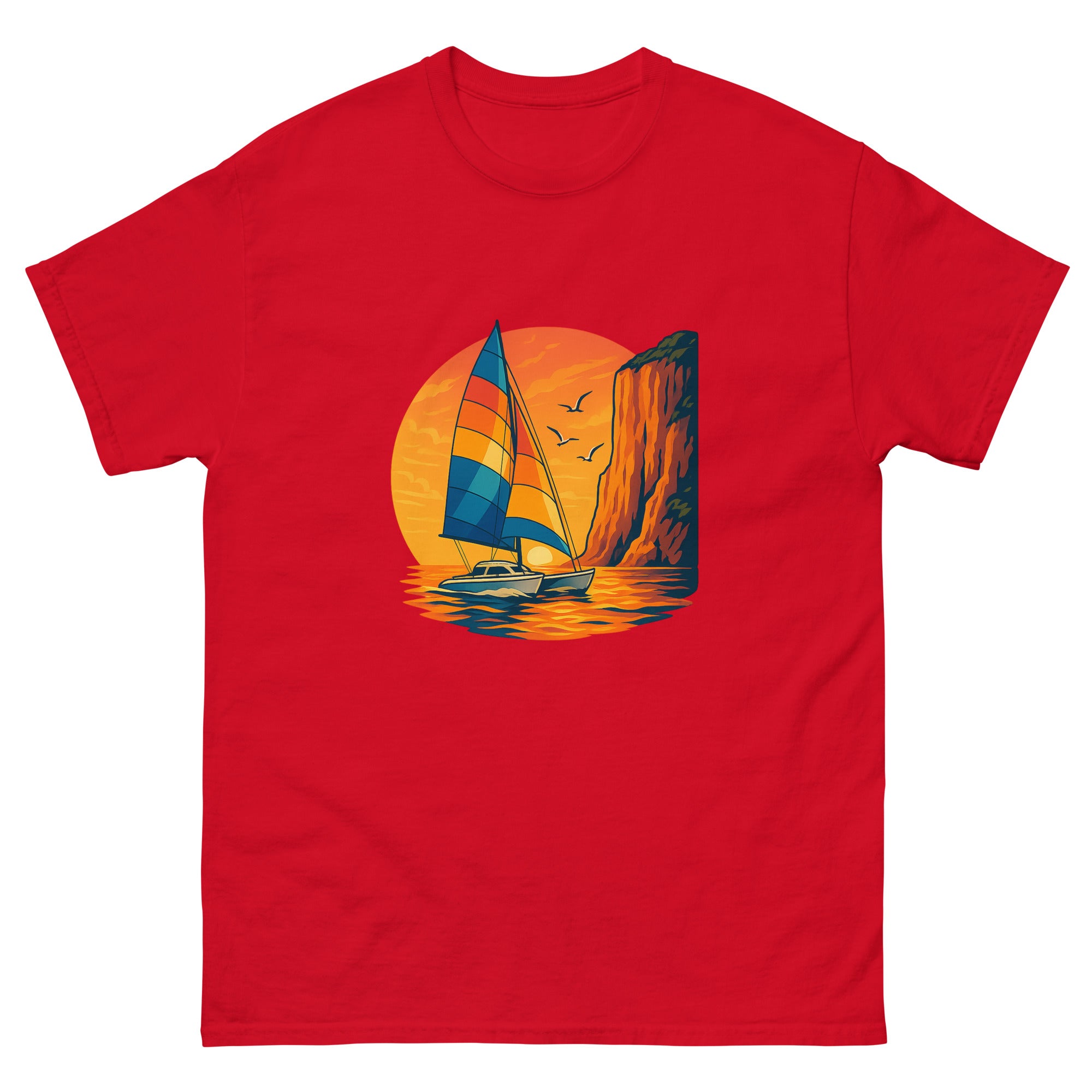 Catamaran Sunset Sail Hawaiian t-shirt design on a Red unisex tee