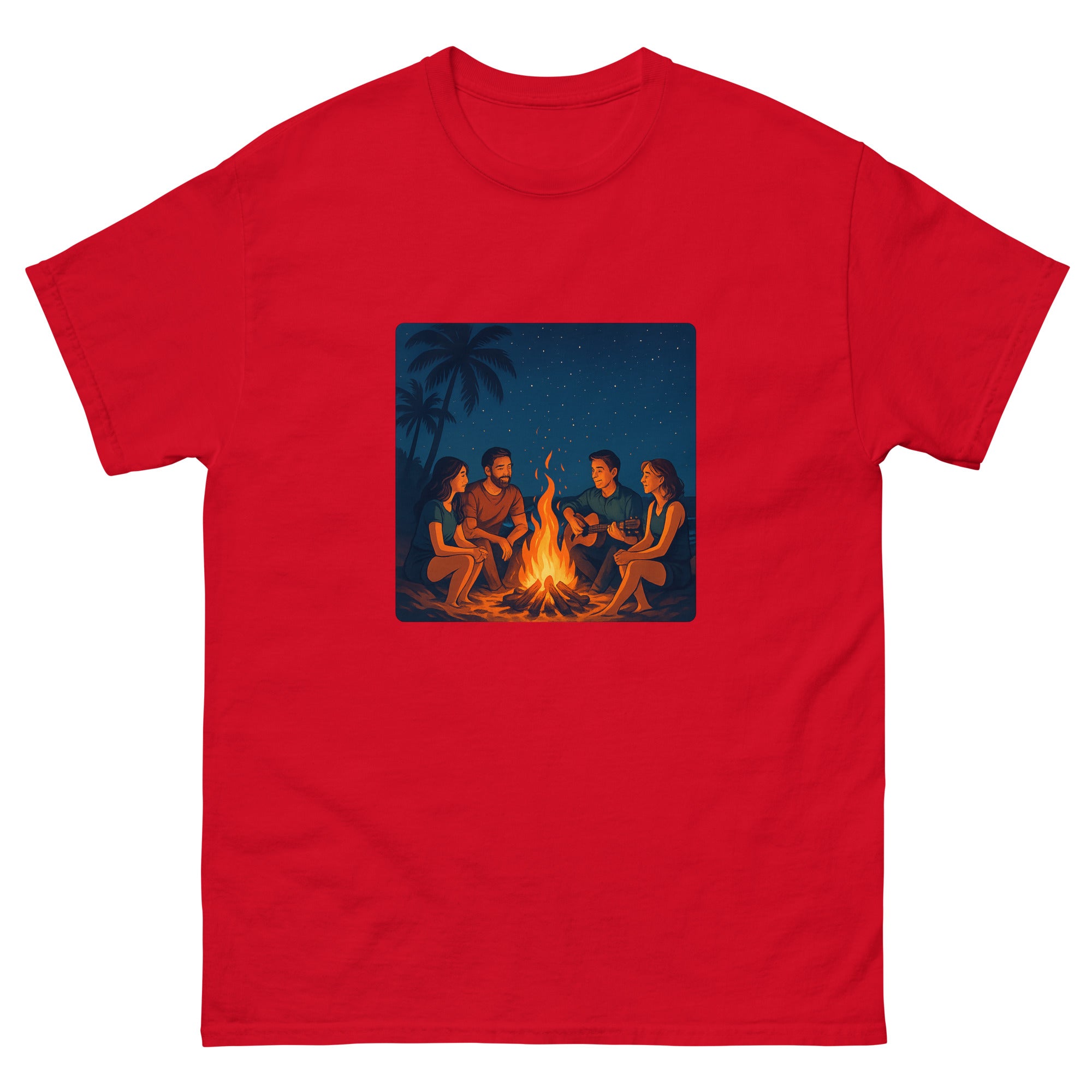 Beach Bonfire Night Hawaiian t-shirt design on a Red unisex tee