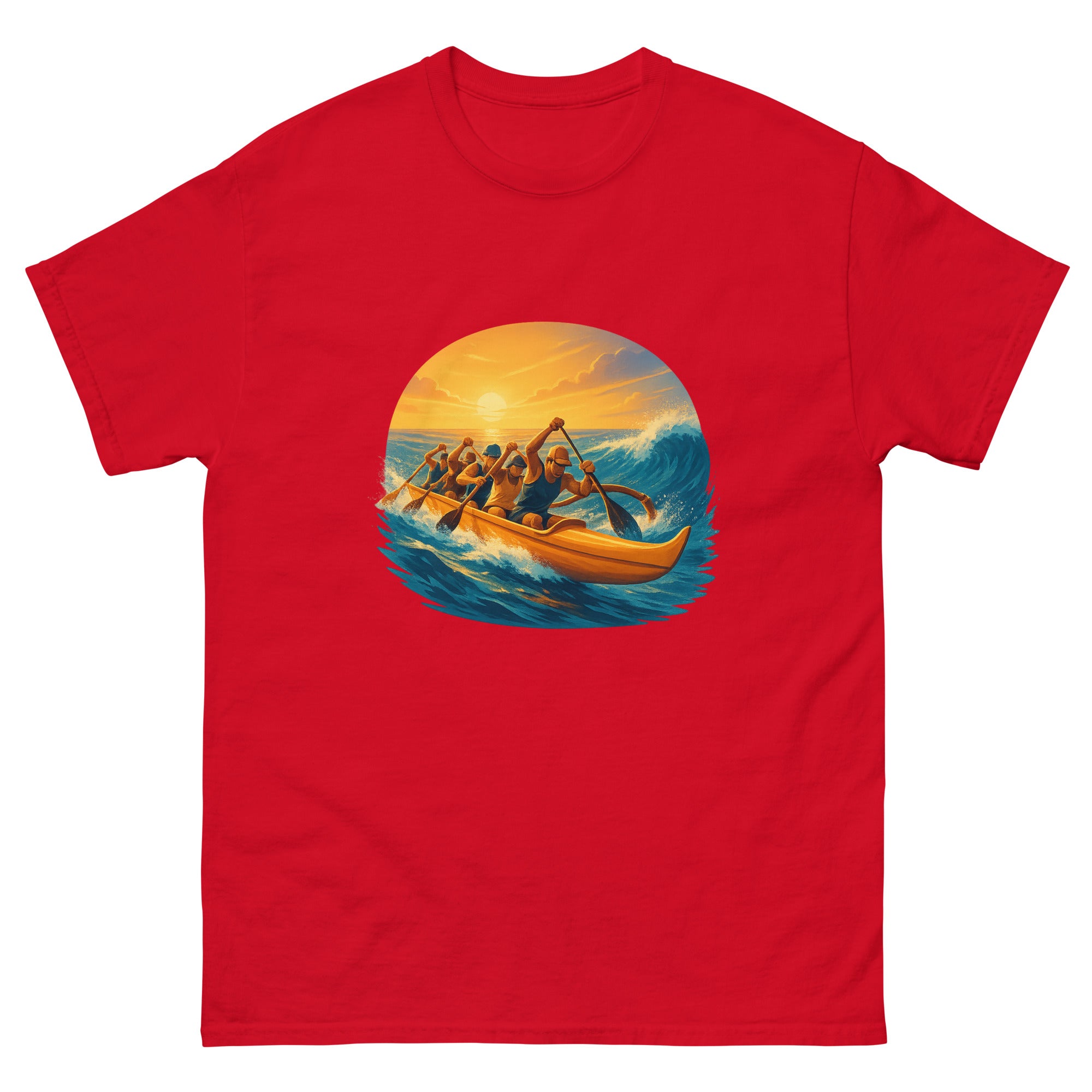 Outrigger Canoe Paddlers Hawaiian t-shirt design on a Red unisex tee