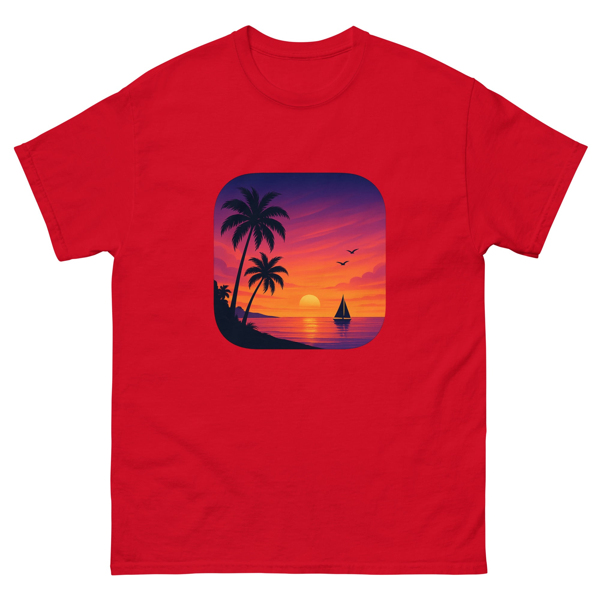 Sunset Palms Panorama Hawaiian t-shirt design on a Red unisex tee