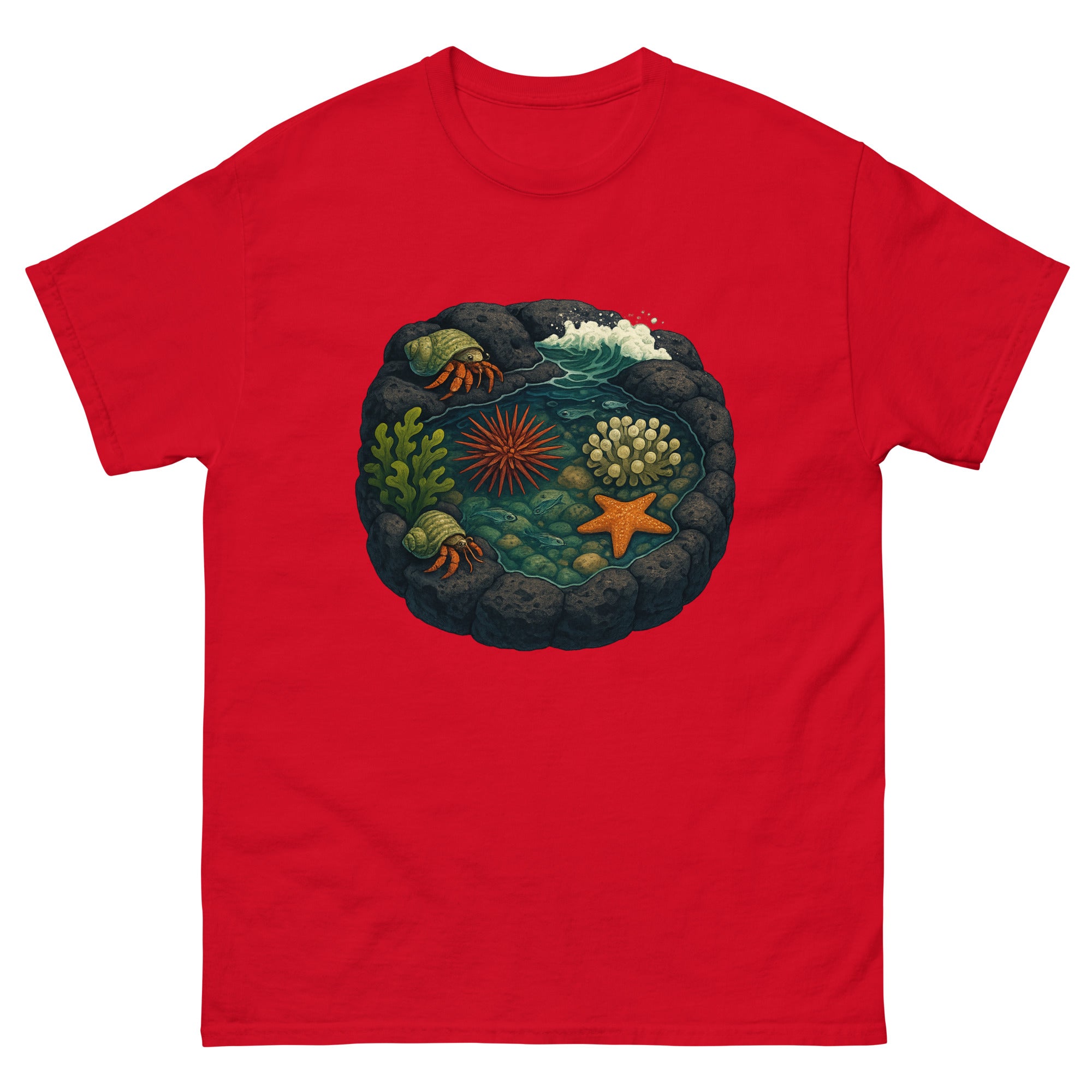 Tide Pools Hawaiian t-shirt design on a Red unisex tee
