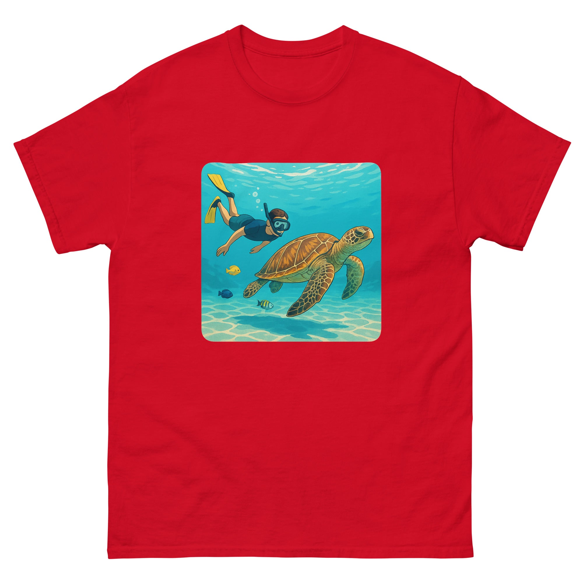 Snorkeler And Turtle Hawaiian t-shirt design on a Red unisex tee