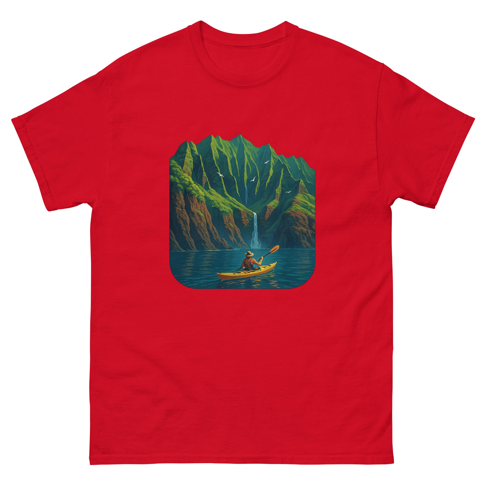 Kayaking The Coast Hawaiian t-shirt design on a Red unisex tee