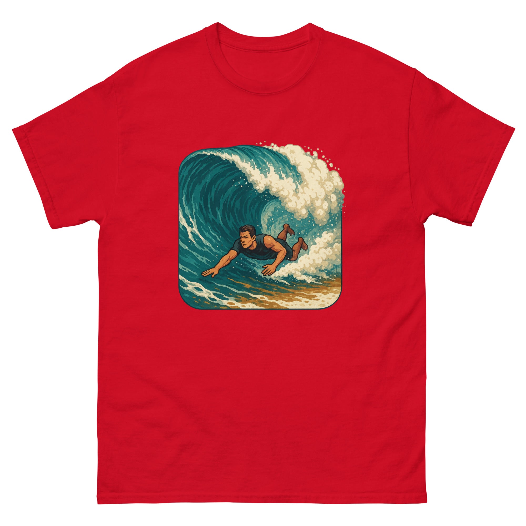 Bodysurf Shorebreak Hawaiian t-shirt design on a Red unisex tee