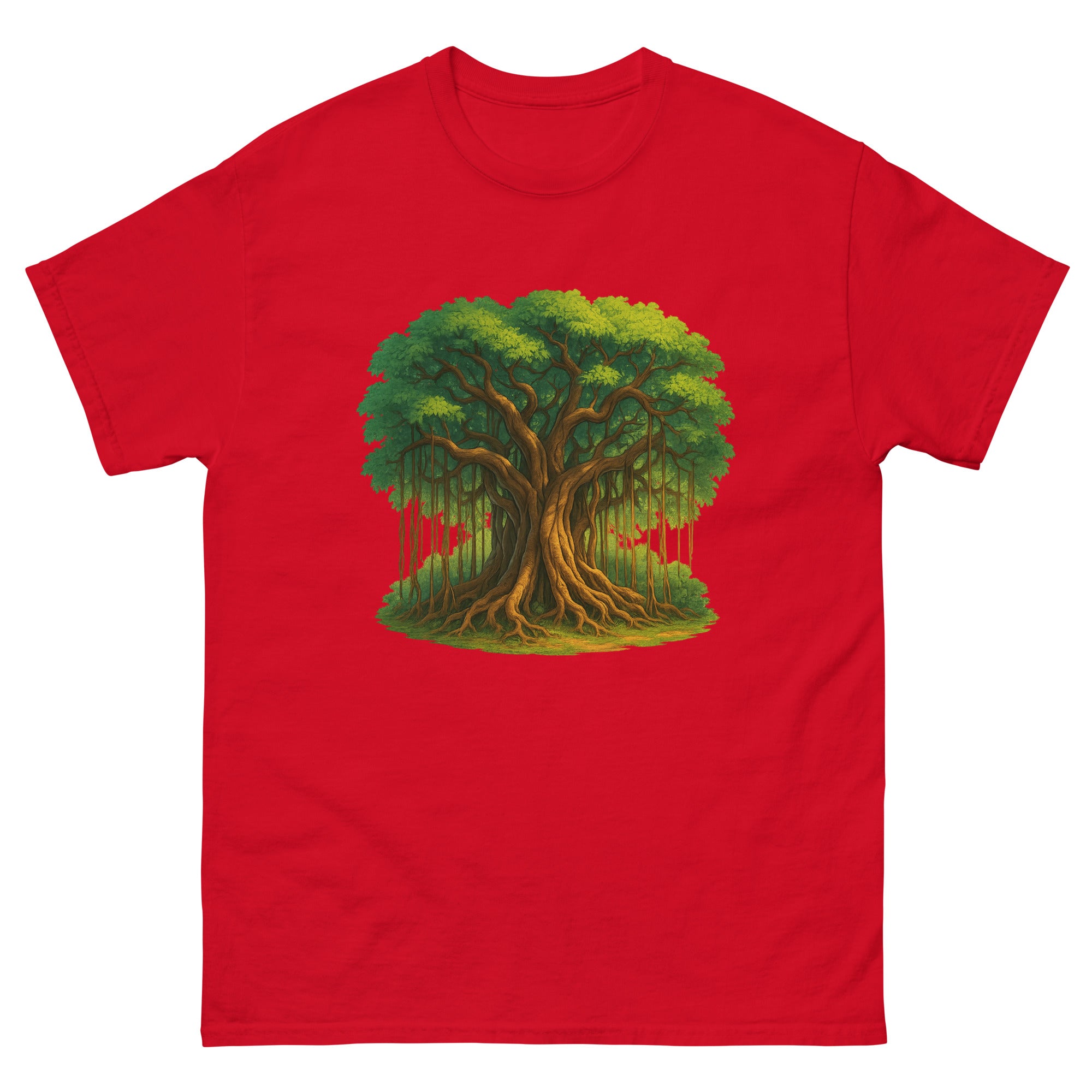 Banyan Tree Hawaiian t-shirt design on a Red unisex tee