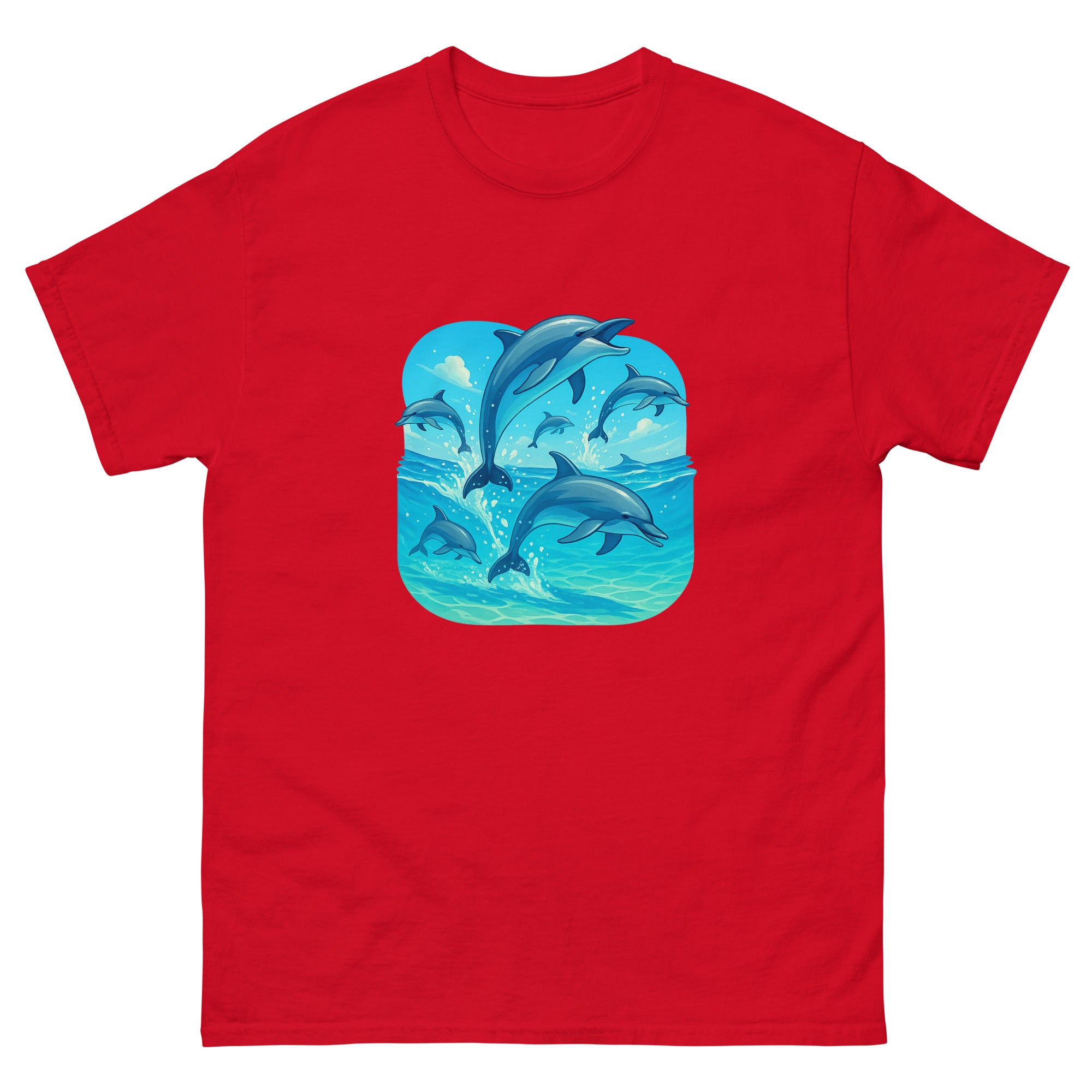 Spinner Dolphin Pod Hawaiian t-shirt design on a Red unisex tee