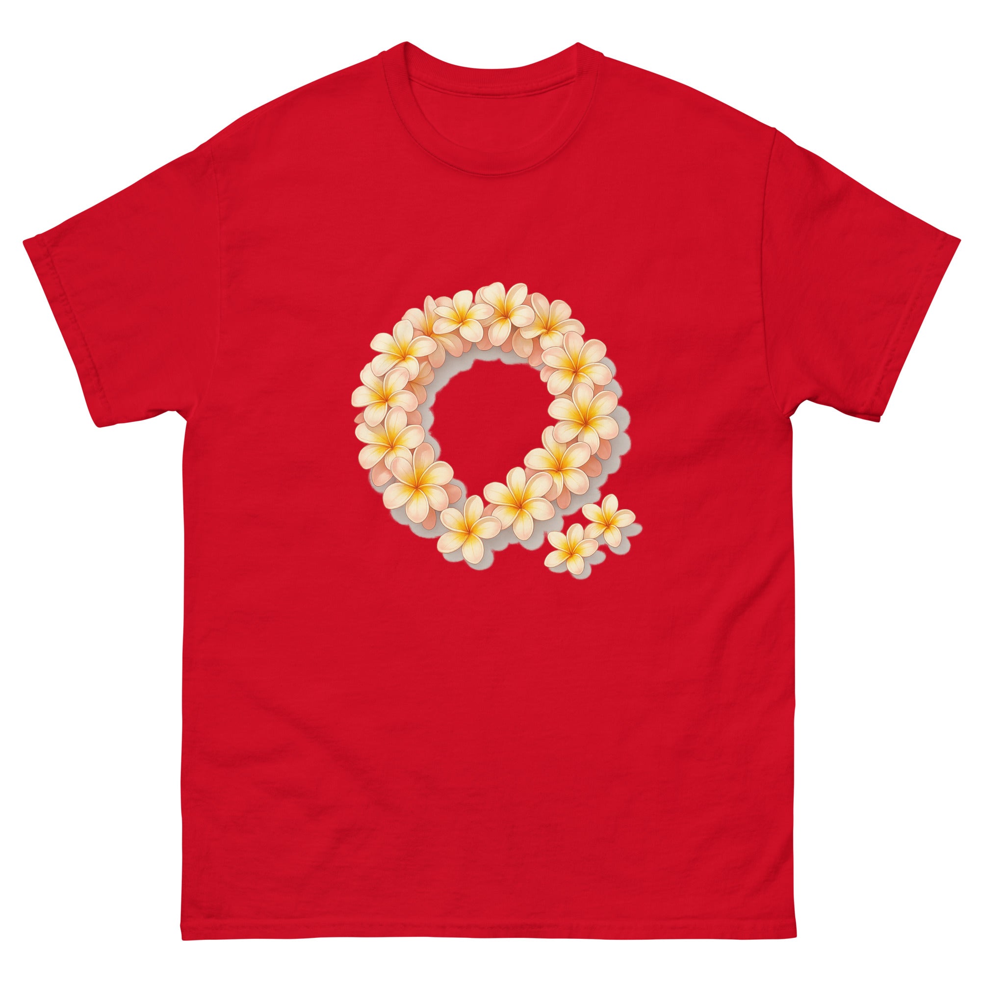 Plumeria Lei Hawaiian t-shirt design on a Red unisex tee