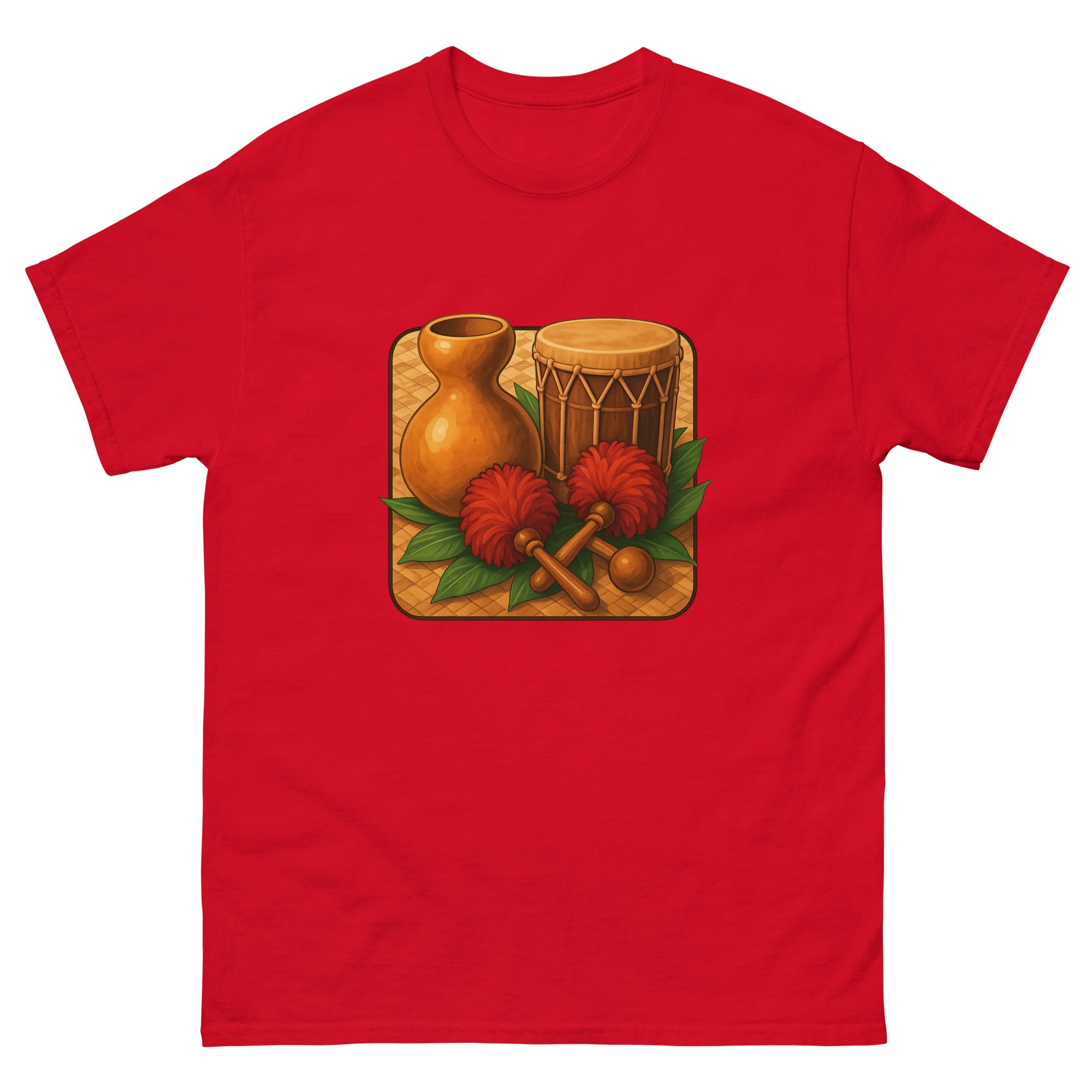 Hula Instruments Hawaiian t-shirt design on a Red unisex tee