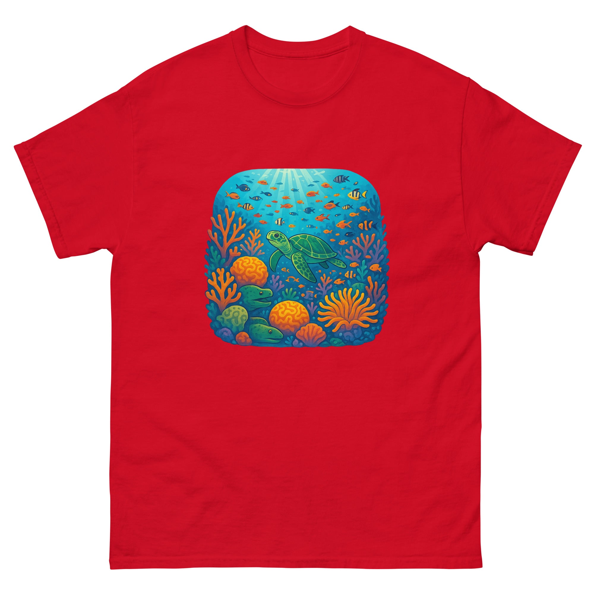 Coral Reef Garden Hawaiian t-shirt design on a Red unisex tee
