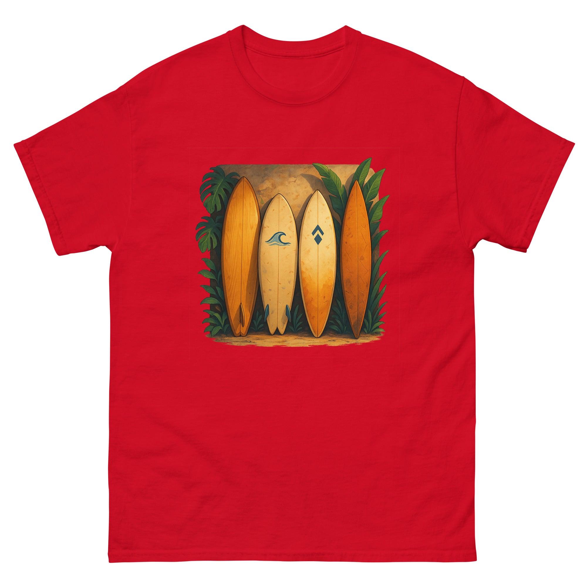 Surfboard Quiver Hawaiian t-shirt design on a Red unisex tee