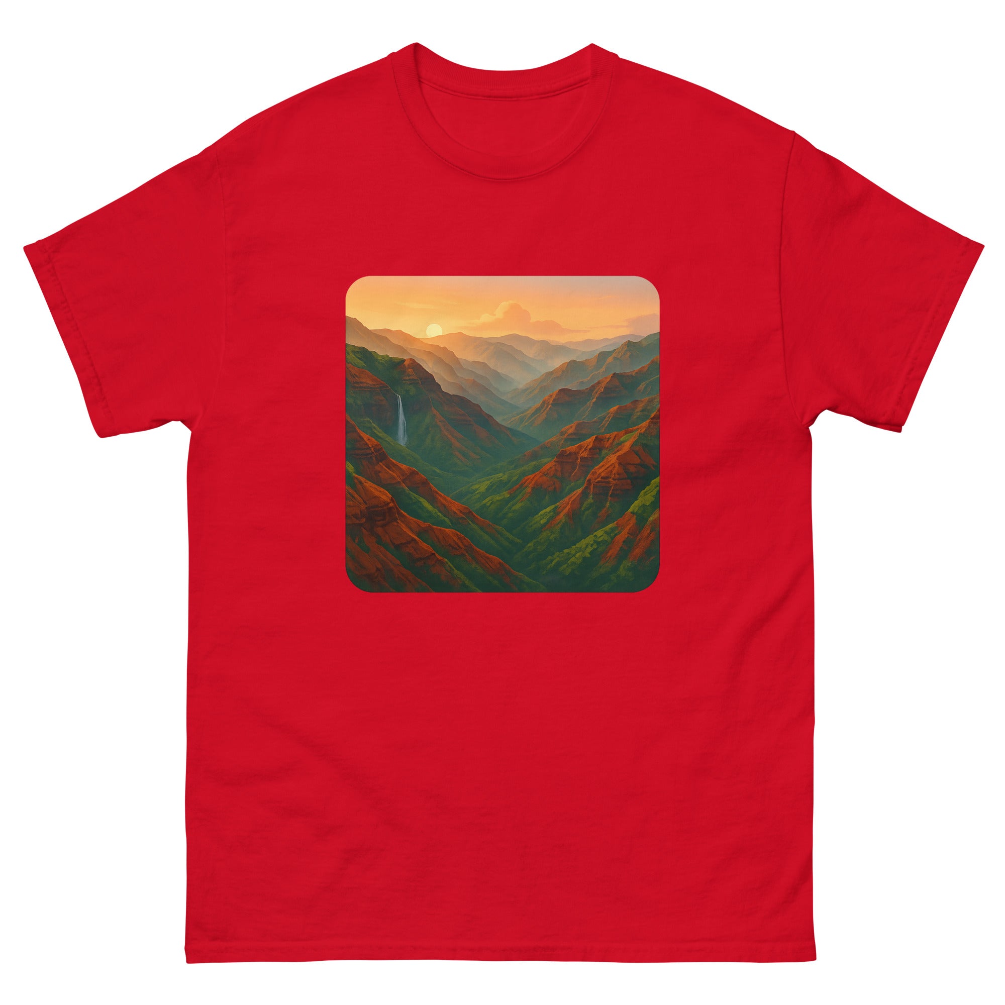 Waimea Canyon Sunrise Hawaiian t-shirt design on a Red unisex tee