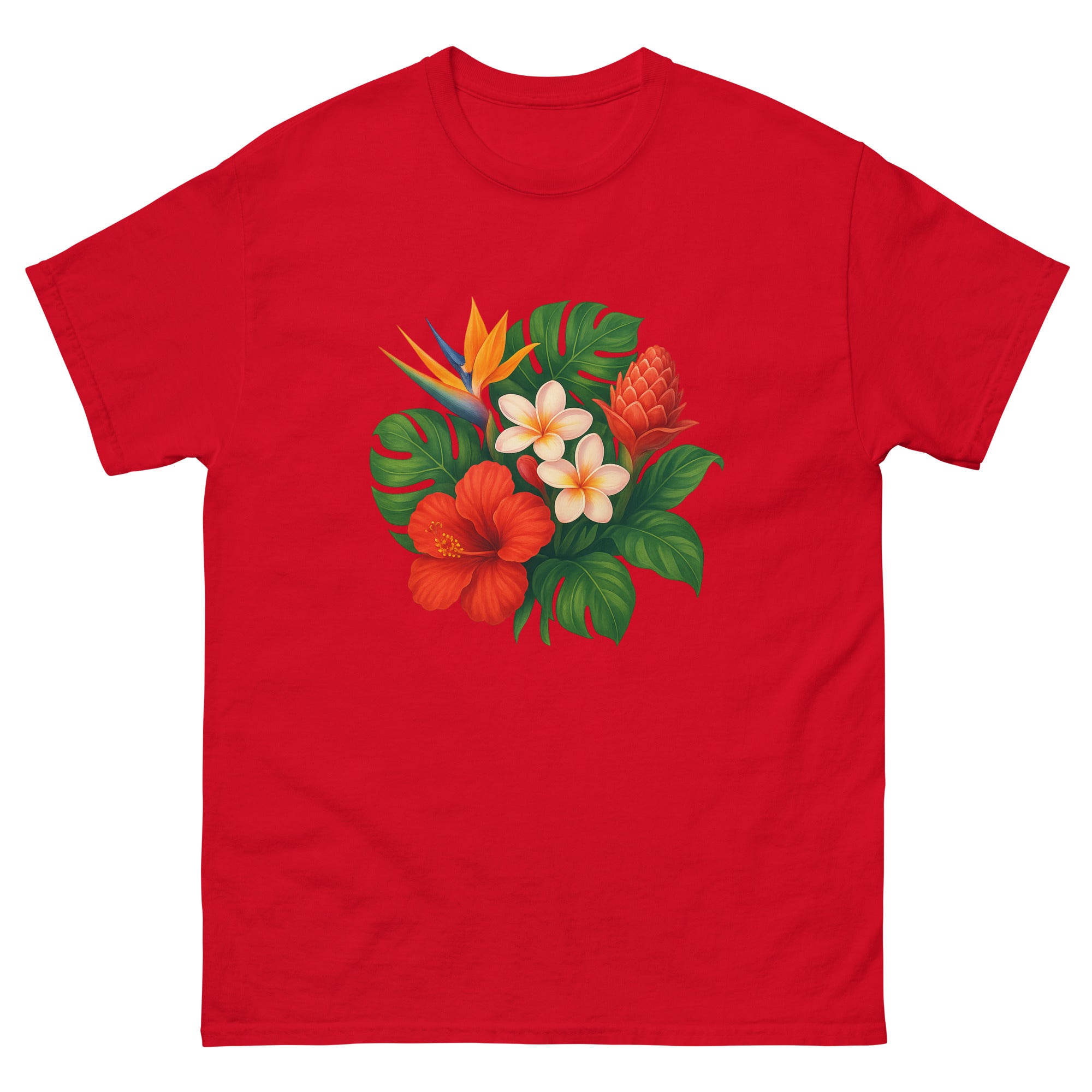 Tropical Flora Bouquet Hawaiian t-shirt design on a Red unisex tee