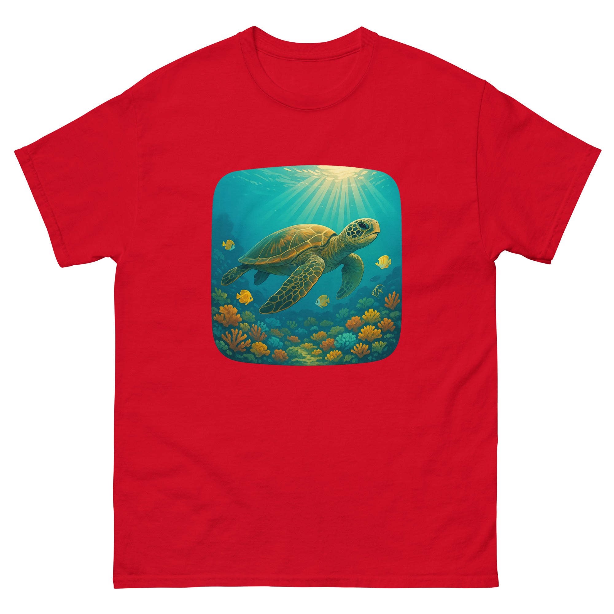 Honu Reef Scene Hawaiian t-shirt design on a Red unisex tee