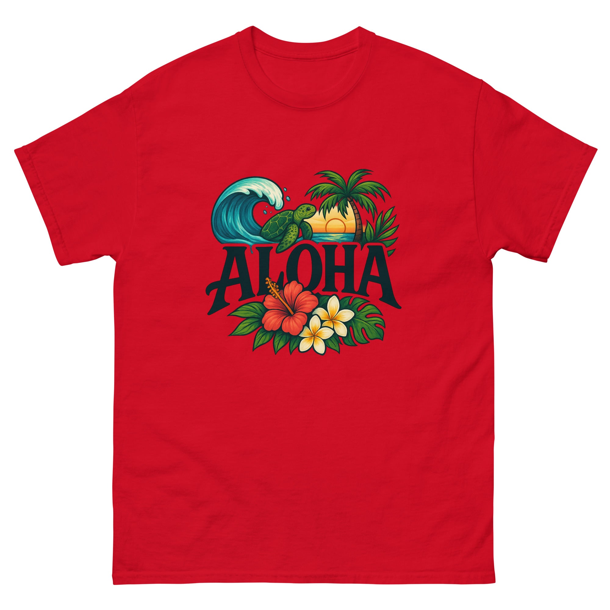 Aloha Illustrated Type Hawaiian t-shirt design on a Red unisex tee