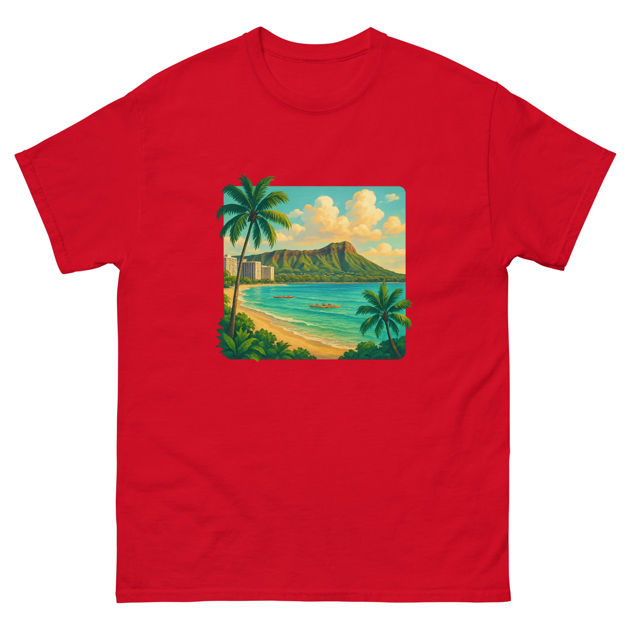 Diamond Head Vista Hawaiian t-shirt design on a Red unisex tee