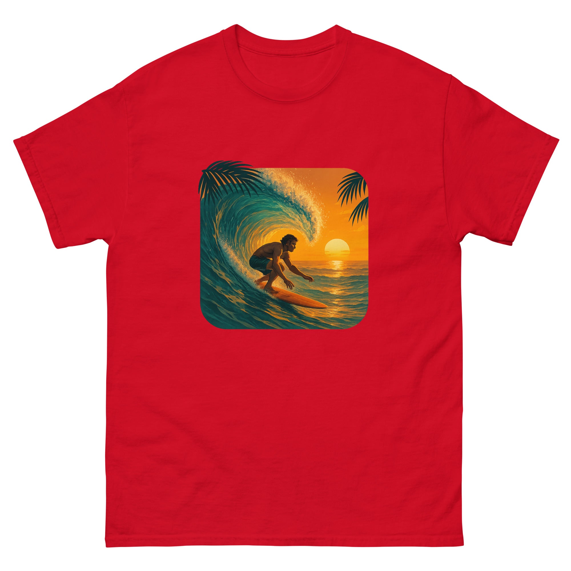Golden Hour Surf Hawaiian t-shirt design on a Red unisex tee