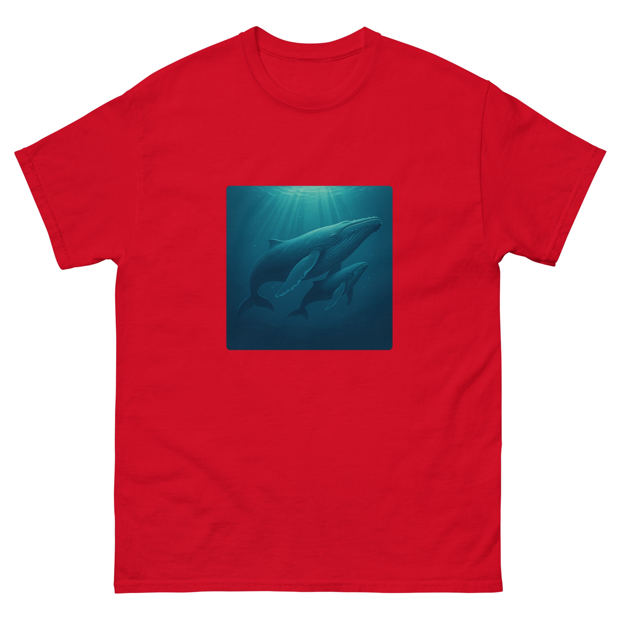 Humpback And Calf Hawaiian t-shirt design on a Red unisex tee