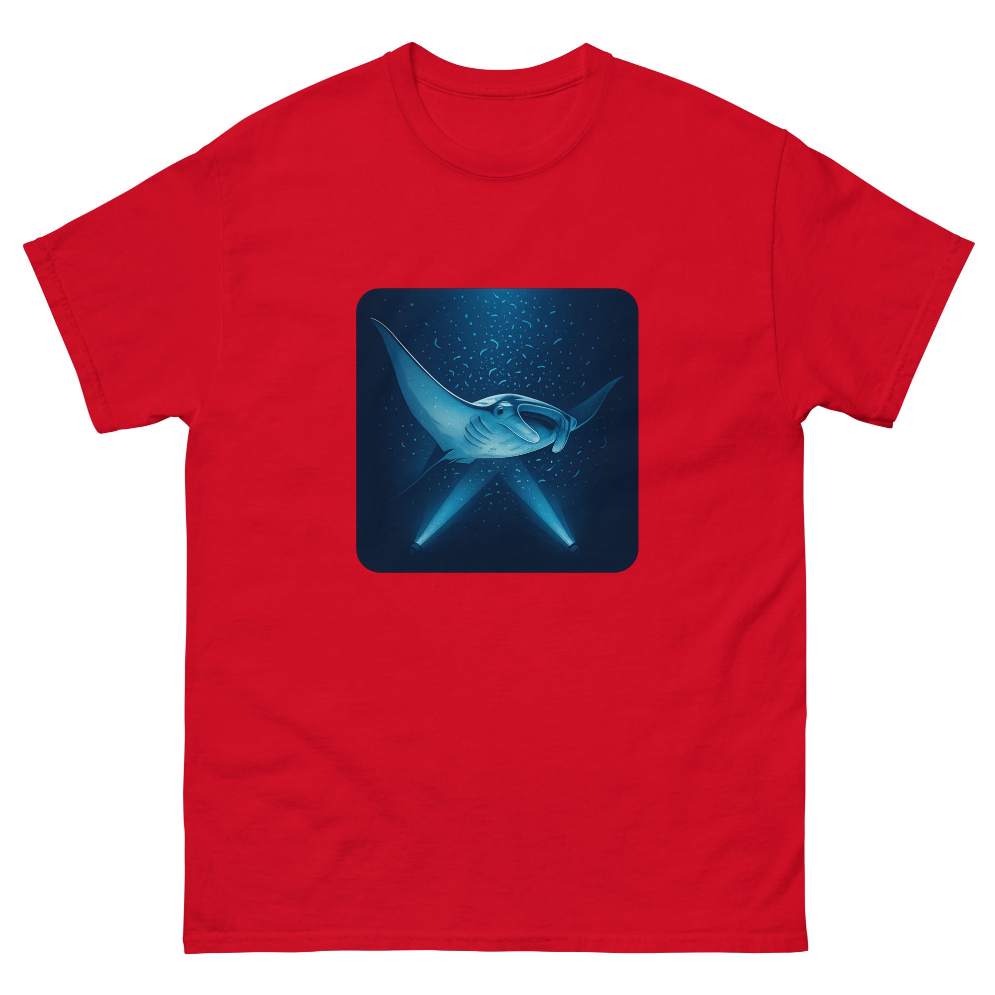 Manta Ray Night Dive Hawaiian t-shirt design on a Red unisex tee