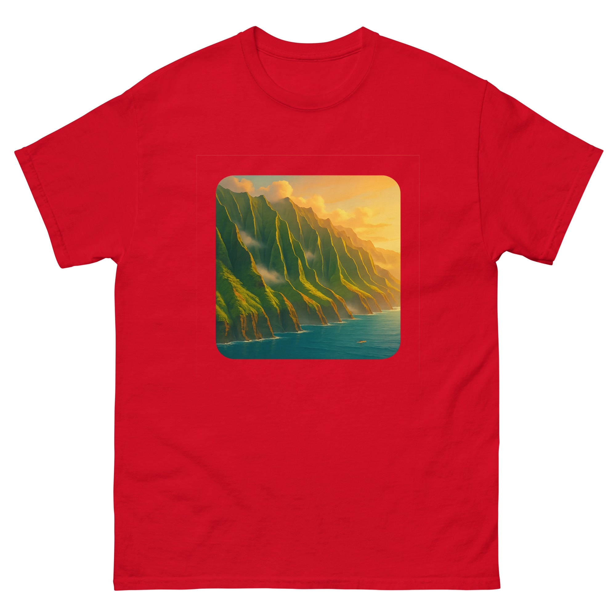Na Pali Coast Hawaiian t-shirt design on a Red unisex tee