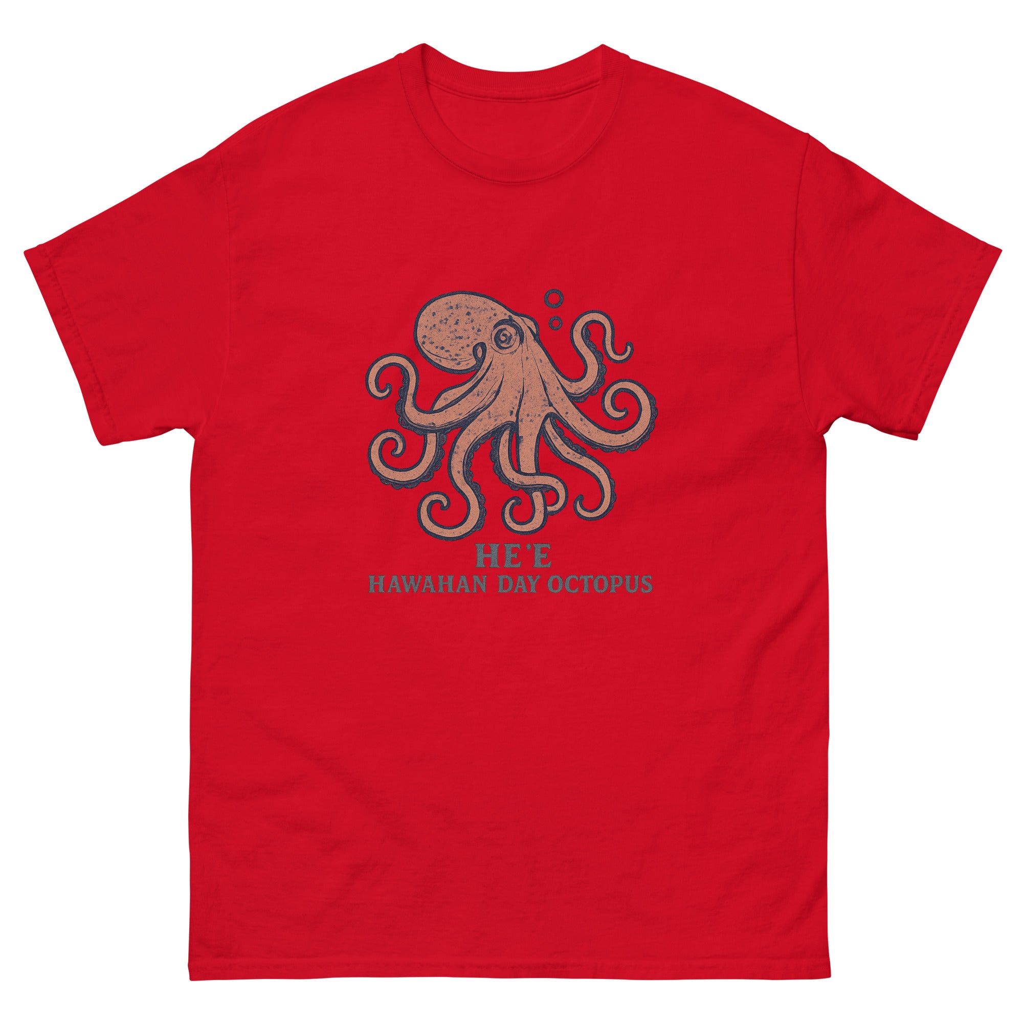 Hee Octopus Hawaiian t-shirt design on a Red unisex tee